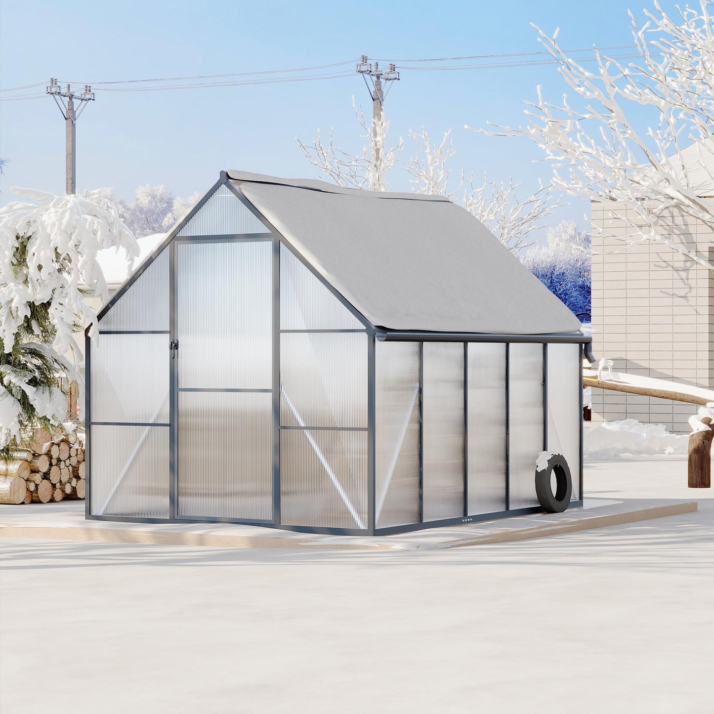 Polycarbonate Greenhouse for Outdoors, Large Walk-InGreenhouse with Quick Setup Structure and Roof Vent, Greenhouse with Ventilation and Rain Gutter