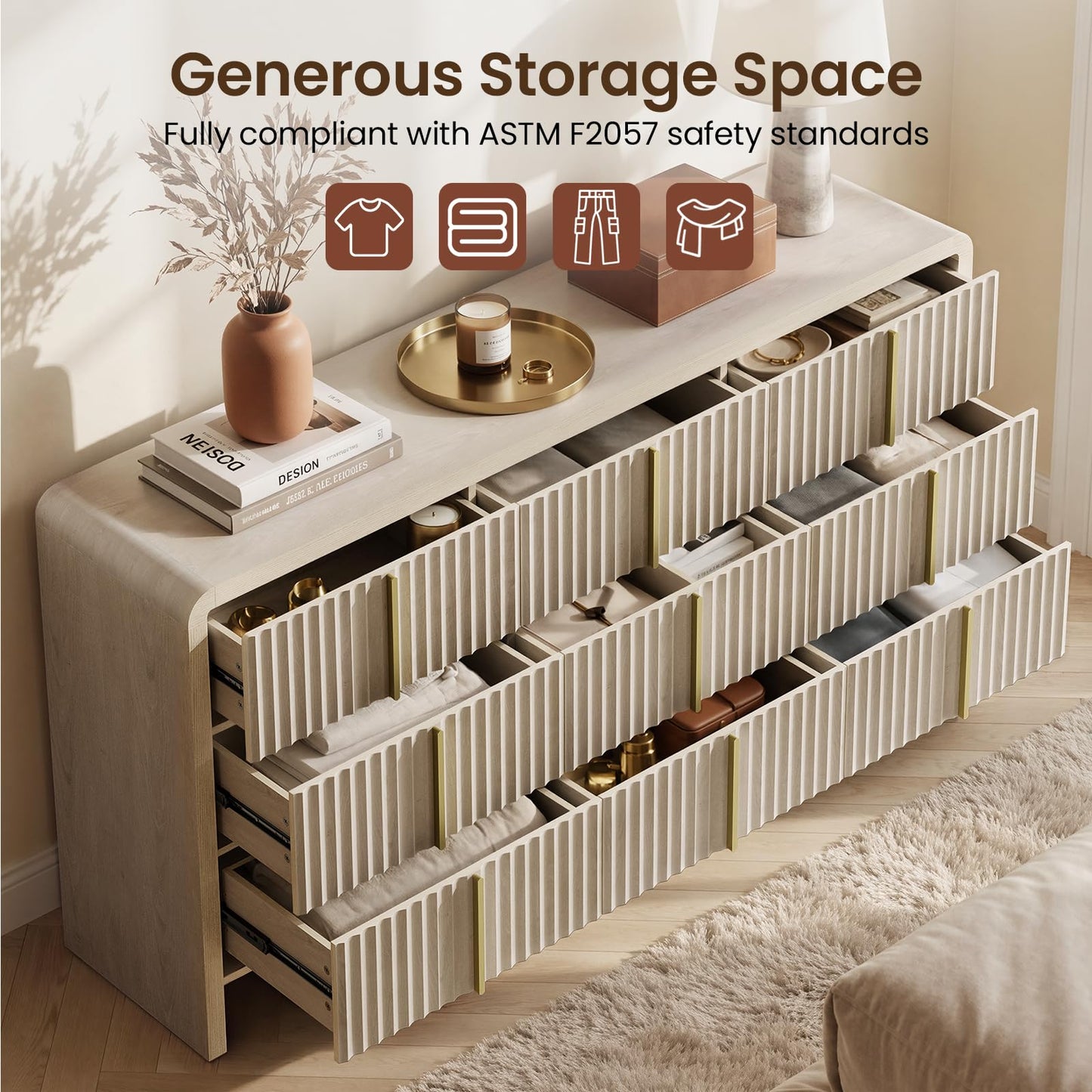 ModernMate Fluted 9 Drawer Dresser for Bedroom, 64.2" Wide White Chest of Drawers, Modern Wood Storage Cabinet with Metal Handles, Anti-Tip Clothes Organizer, White Alder