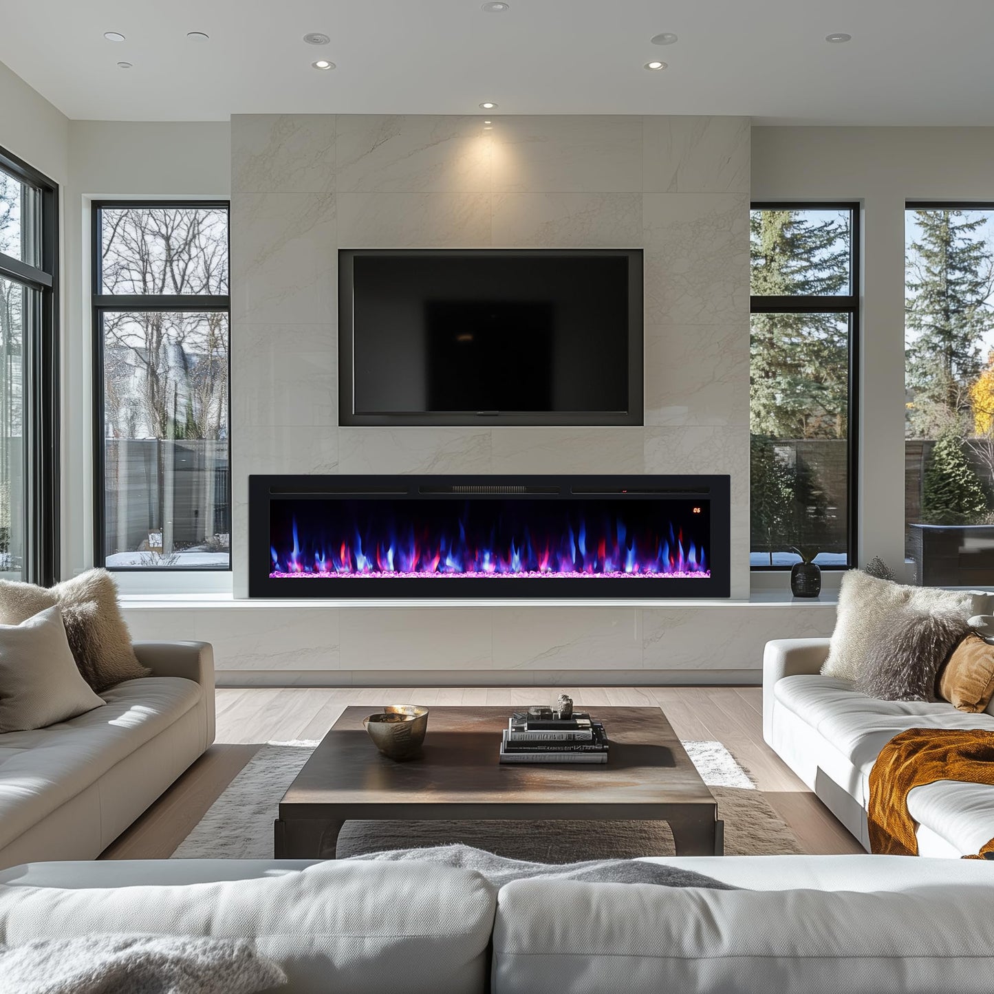 Kentsky 54" Electric Fireplace, Recessed, Wall Mounted and Freestanding Fireplace Heater, Adjustable Flame Color, Speed & Brightness, Thermostat, 9H Timer, Child Lock