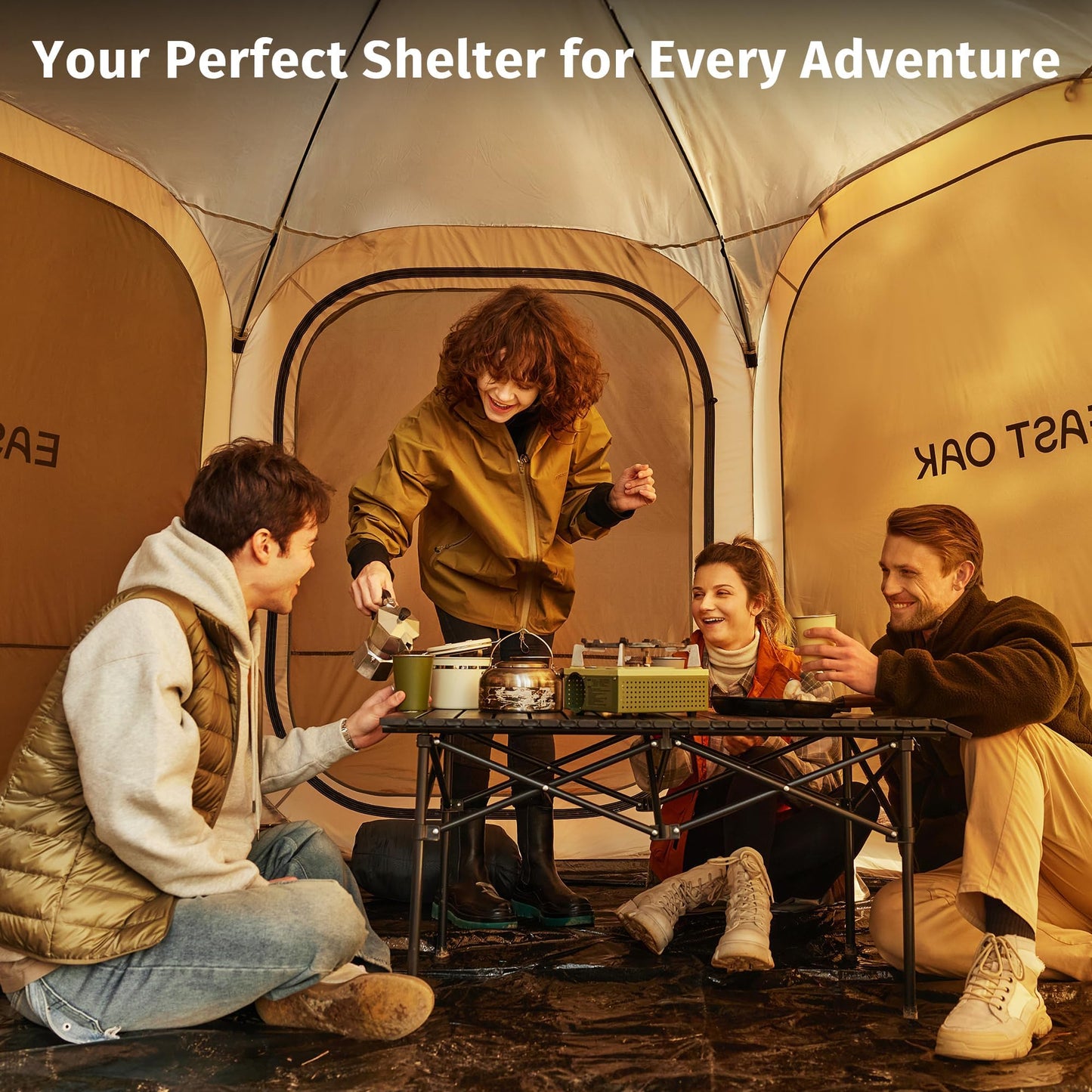 East Oak 12x12 FT Pop Up Canopy Tent with Mosquito Netting, Instant Gazebo Screen House with 6 Sunshades, UPF 50+ UV Protection Waterproof Outdoor Shelter for Patio, Backyard, Deck & Camping, Beige