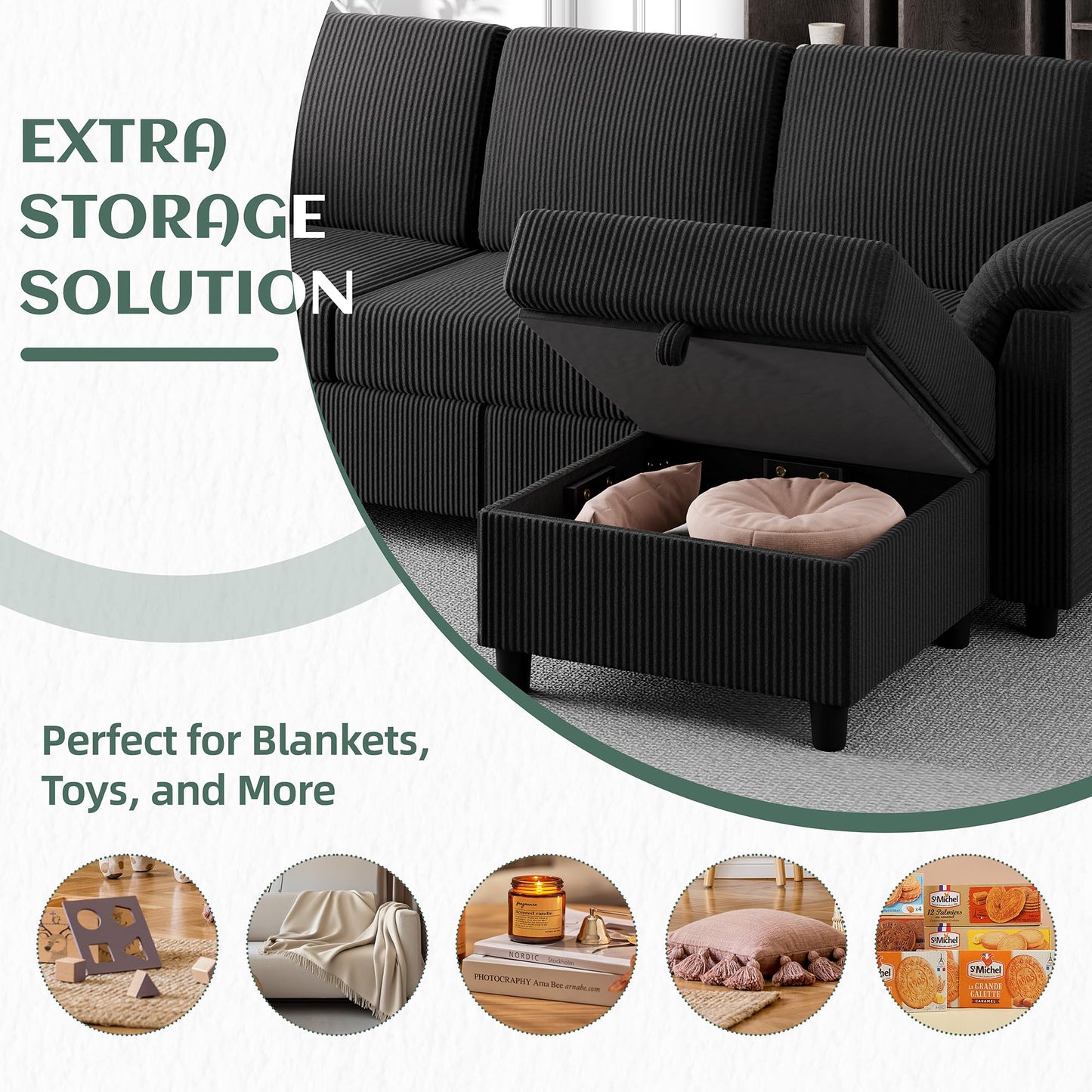 Vongrasig Convertible Sectional Couches, 3 Seat L Shaped Couch Sofa with Removable Pillows Soft Corduroy Fabric Small Couch Mid Century for Living Room, Apartment and Office Black