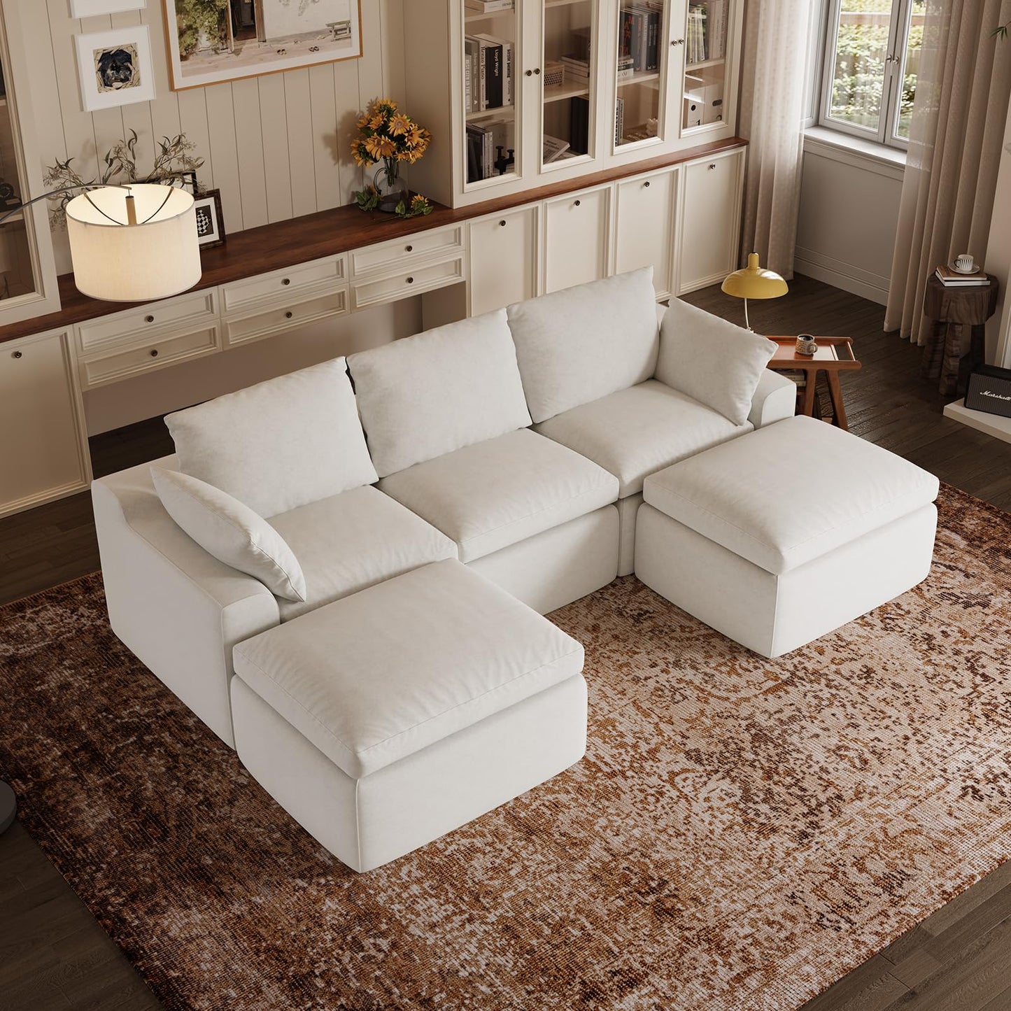 Novilla 104.3" Modular Cloud Couch, Modern Sectional Sofa with Smarts Coil® Support, Chenille Fabric, Upholstered Couch for Living Room Apartments Bedroom, No Assembly, 3 Seater + 2 Ottoman, White