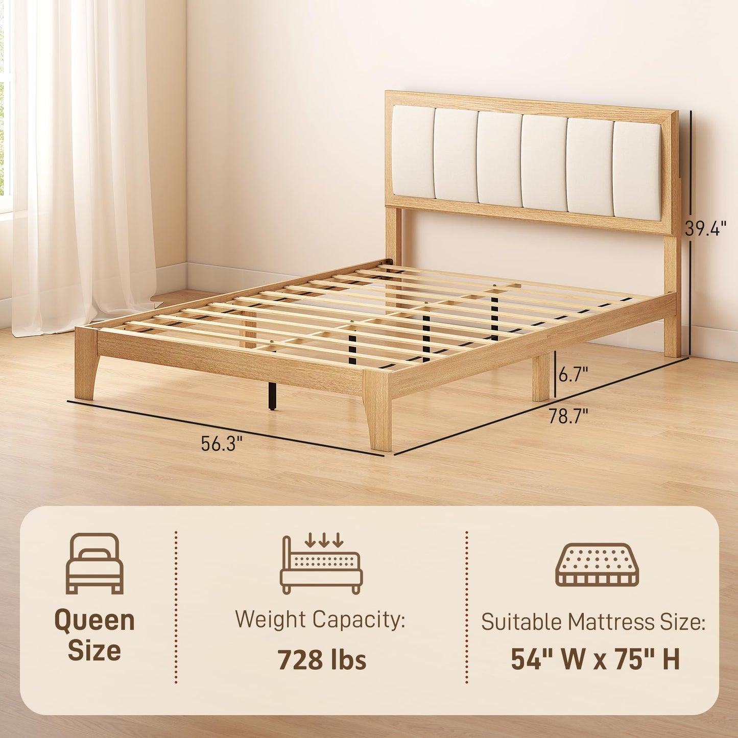 HOMCOM Full Size Bed Frame with Upholstered Headboard, Platform Bed Frame with Wooden Slats, No Box Spring Needed, Easy Assembly, Natural