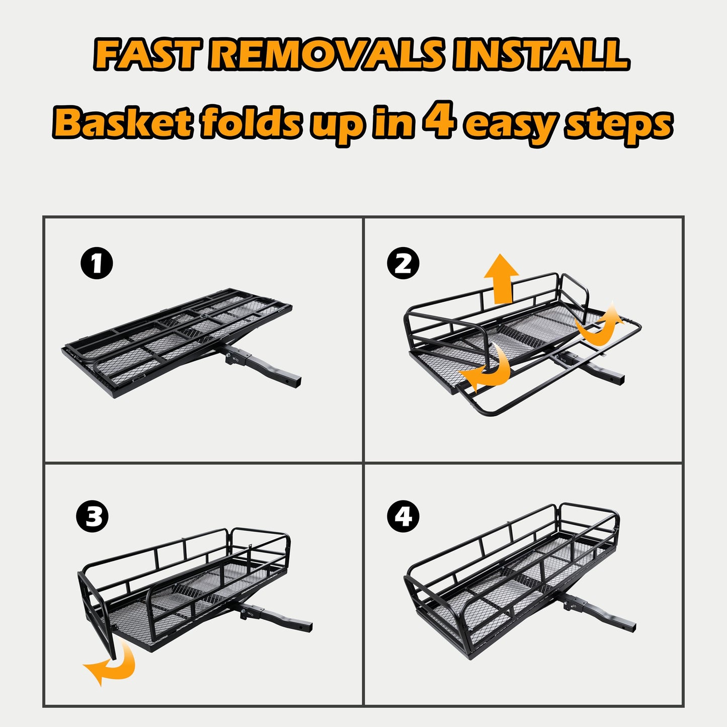 fouwick 60" x 24" x 13" Hitch Cargo Carrier, 600 Lbs Heavy Duty Folding Luggage Rack for SUV & Truck, Steel Mesh Cargo Carrier Hitch Mount Fits 2" Receiver, Powder Coated Vehicle Cargo Basket