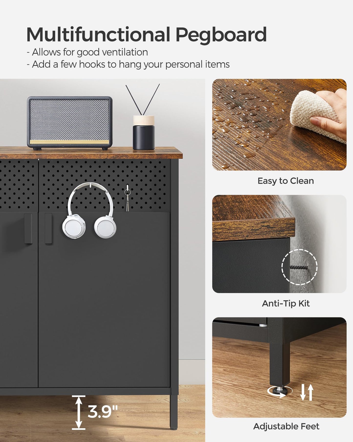 SONGMICS Set of 2 Storage Cabinets, Metal Cabinet, Sideboard with 2 Doors, 15.7 x 31.5 x 29.9 Inches, Magnetic Closure, Adjustable Shelf, Steel Frame, Rustic Brown and Black ULSC791B01