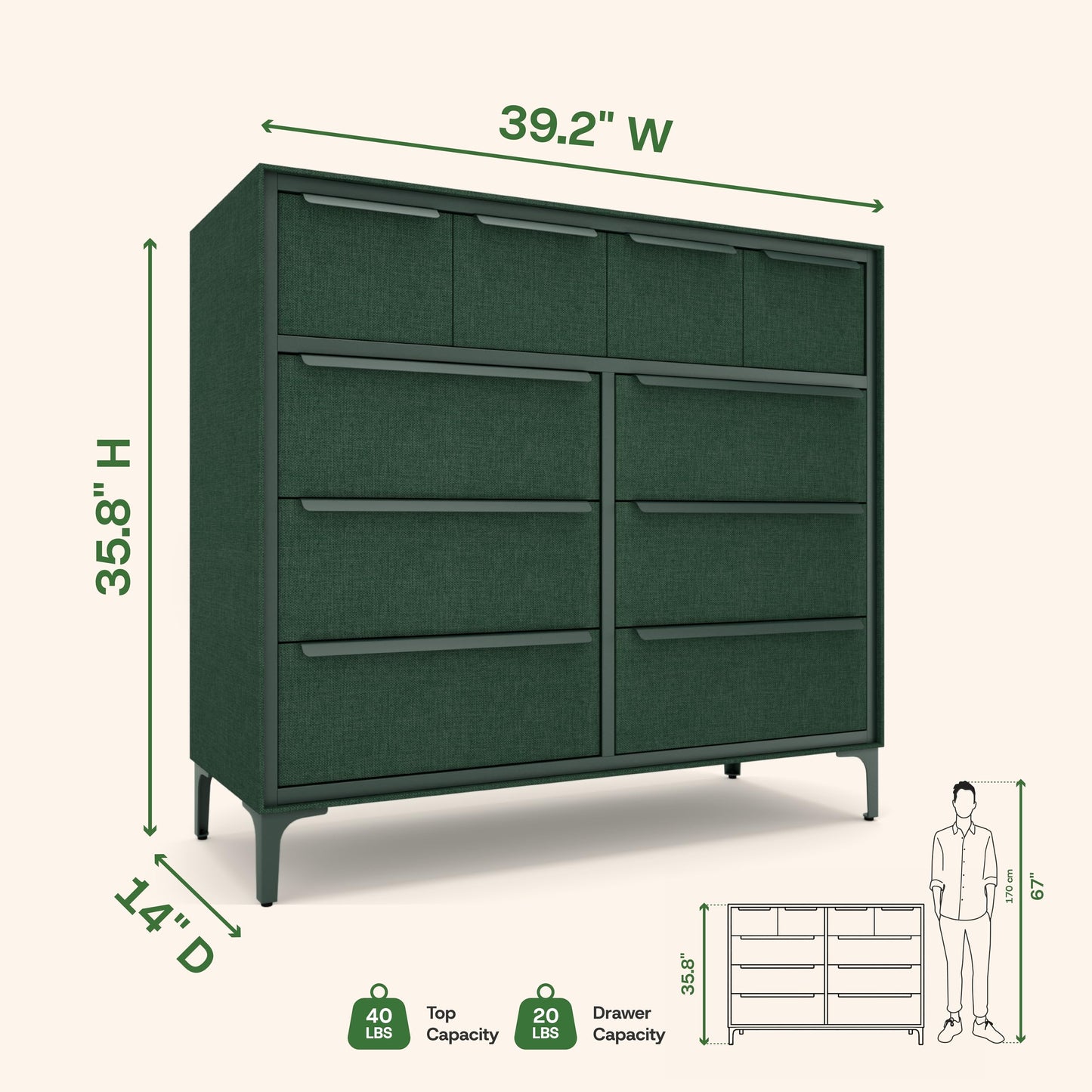 tinge Naima Premium Fabric Dresser - Strong Metal Frame, 10 Spacious Sag-Proof Drawers with Sleek Metal Handles - Premium & Durable Storage Solution for Your Home (Green)