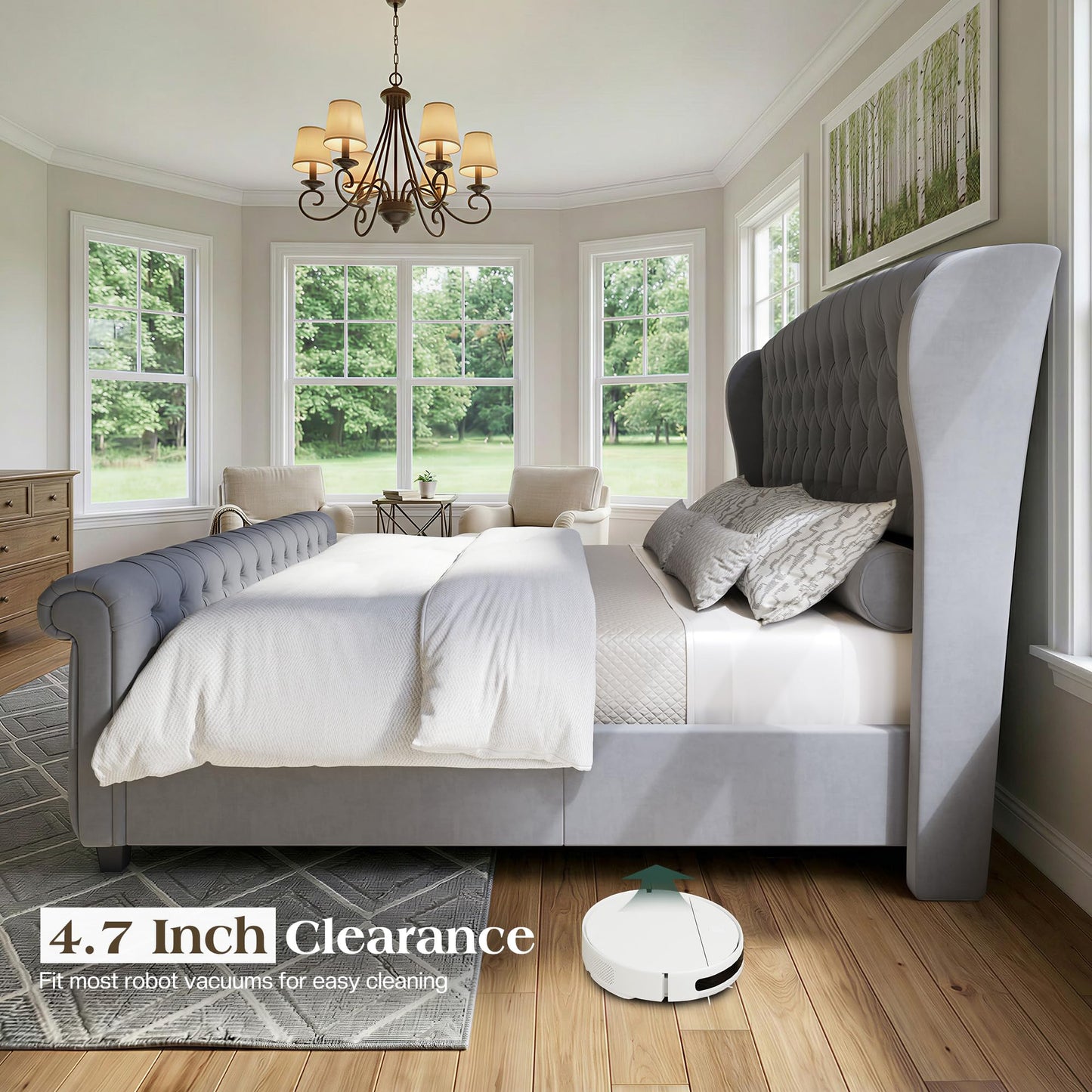 LUXOAK California King Size Platform Bed Frame, Velvet Upholstered Sleigh Bed with Curved Headboard & Footboard, Deep Button Tufted, Wood Slats Support, No Box Spring Needed, Grey
