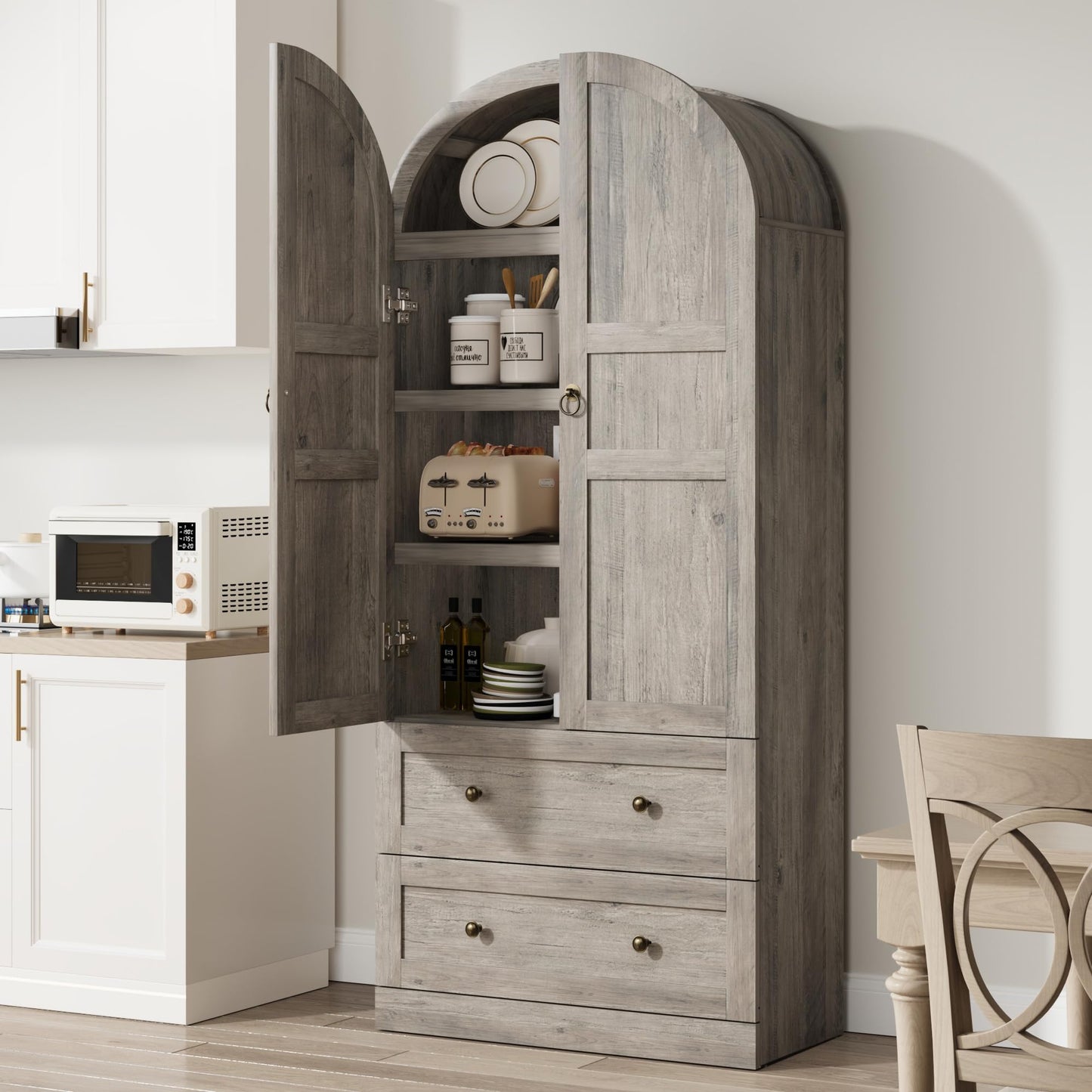 Garvee 72" Tall Dome Bookcase with Drawers, 4-Tier Wooden Bookshelf Storage Cabinet with Door, Farmhouse Arched Cabinet with Storage, Wood Arch Bookcase for Home Office, Living Room, Gray
