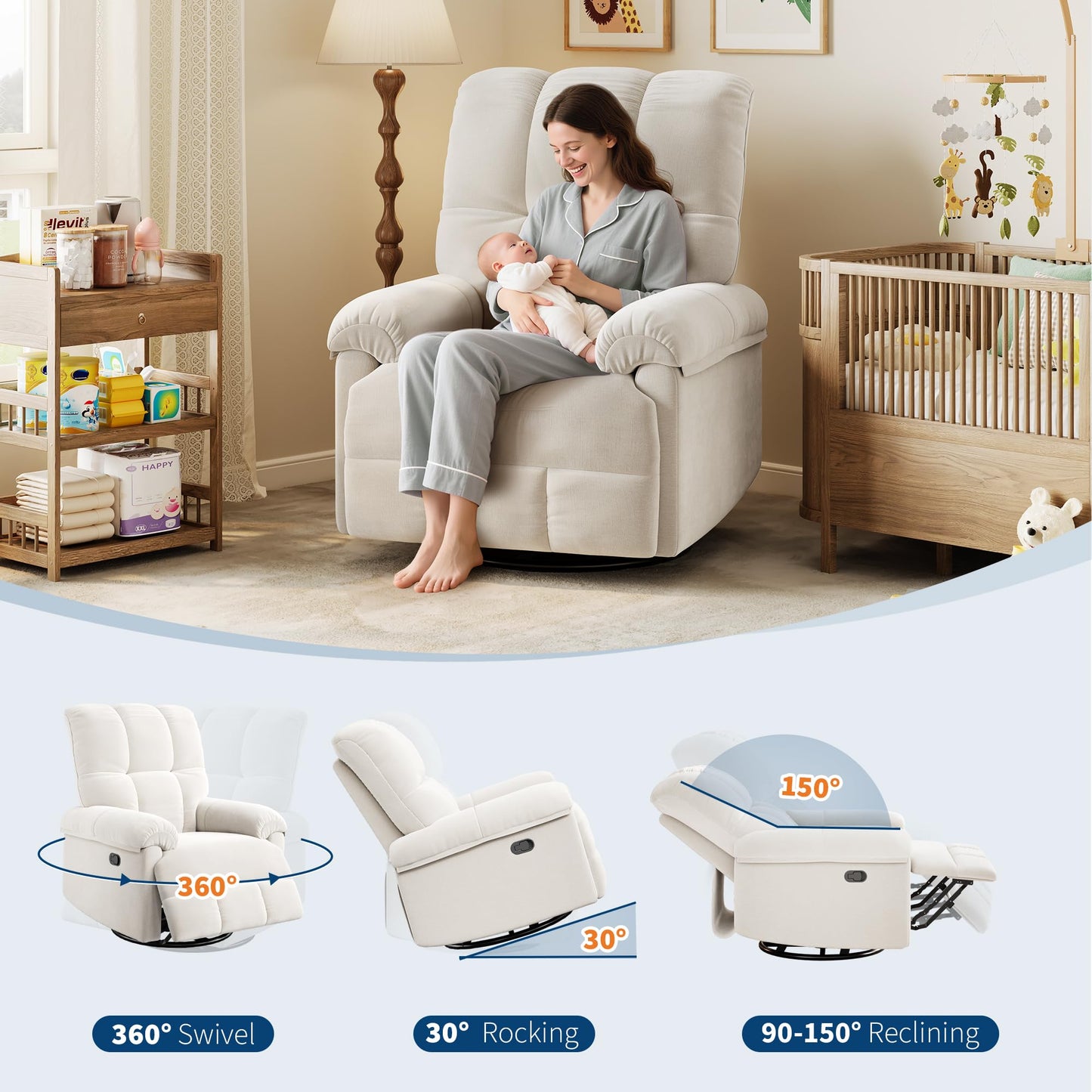 IDEALHOUSE Swivel Rocking Nursery Recliner Chair Rocker Recliner Glider Deep Seat PU Leather Sofa Chair with high Backrest for Nursery, Living Room, Bedroom & Home Movie Theater (Beige)
