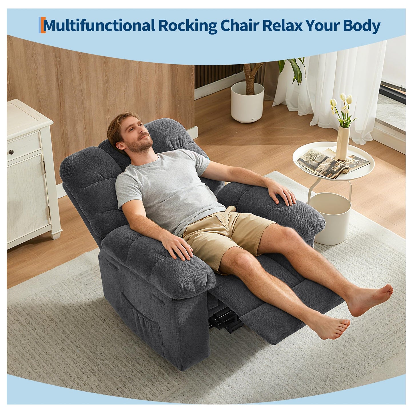 21.2'' Manual Recliner Chair,Ergonomic Overstuffed Breathable Fabric Reclining Chair with Side Pockets,Q235 Steel Frame Lazy Boy Recliner Single Sofa for Living Room Bedroom