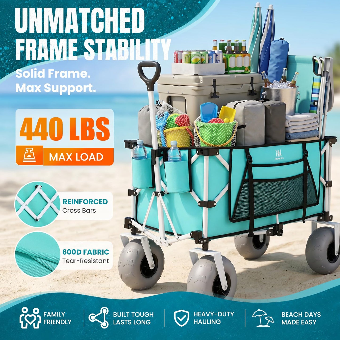 Navatiee 260L Beach Wagon with Extended Tailgate, 440lbs Heavy Duty Beach Cart with 9” Big Balloon Wheels for Sand, Collapsible Folding Wagon with Side Pocket for Outdoor, Light Blue