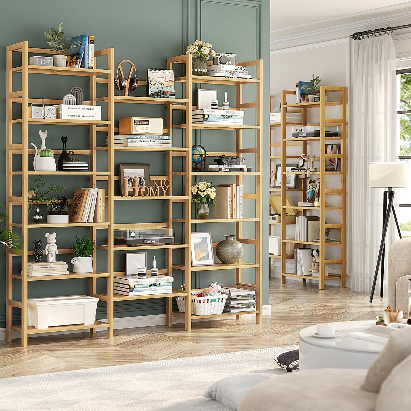 Homykic Bamboo Bookshelf, 71” Tall Triple Wide Bookcase with 17 Open Storage Shelves, 6-Tier Etagere with Back Rails, Large Display Shelf for Books, Plants, Home Office, Living Room, Max Load 748LBS