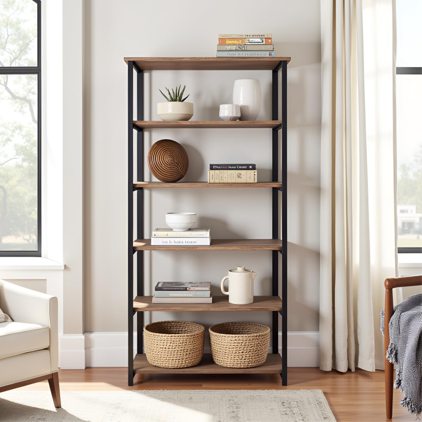 Alaterre Furniture Pomona Living Room 6-Tier Solid Wood Bookcase with Metal Frame – Rustic Industrial Modern Wood and Metal Bookshelf for Home Office, Living Room, or Bedroom Storage