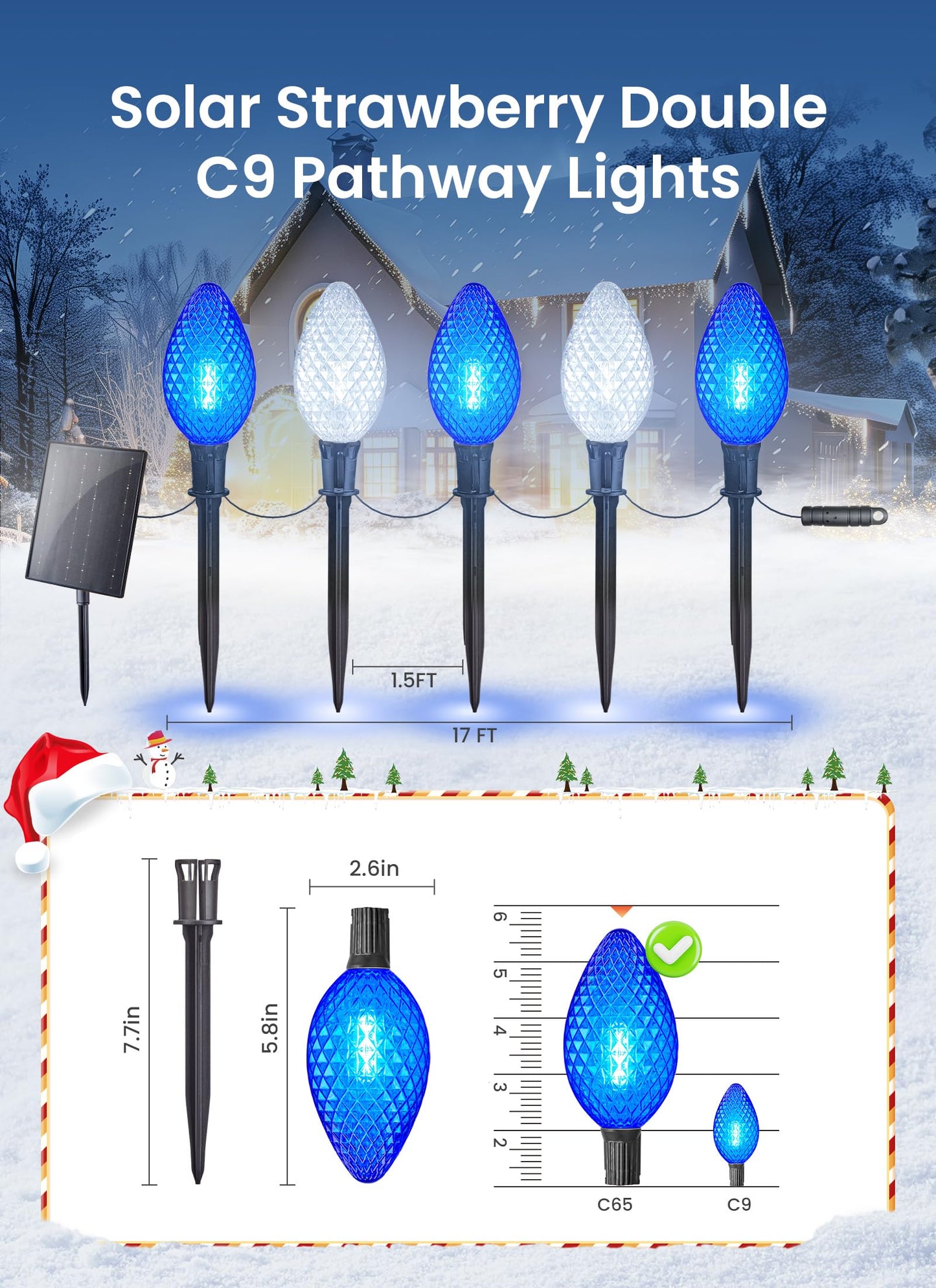 Minetom Solar Double C9 Christmas Pathway Lights, 10 LED, 16FT, Timer, 8 Modes, Strawberry-Blue & Pure White