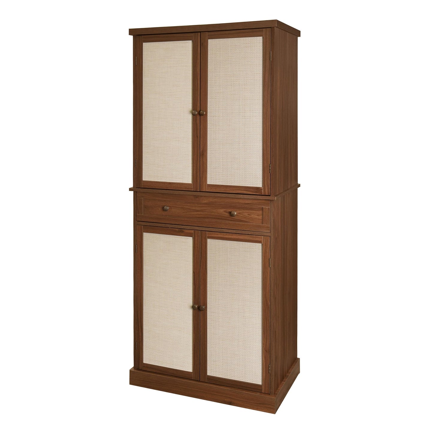 72.2" Walnut Rattan Kitchen Pantry Cabinet, Freestanding Farmhouse Storage Hutch with 4 Adjustable Shelves & 1 Drawer, 180° Metal Hinges Anti-Toppling Tall Wooden Cupboard for Kitchen Dining Room