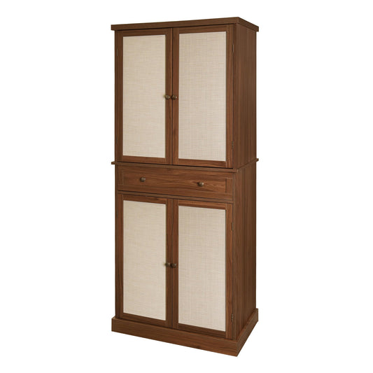 72.2" Walnut Rattan Kitchen Pantry Cabinet, Freestanding Farmhouse Storage Hutch with 4 Adjustable Shelves & 1 Drawer, 180° Metal Hinges Anti-Toppling Tall Wooden Cupboard for Kitchen Dining Room