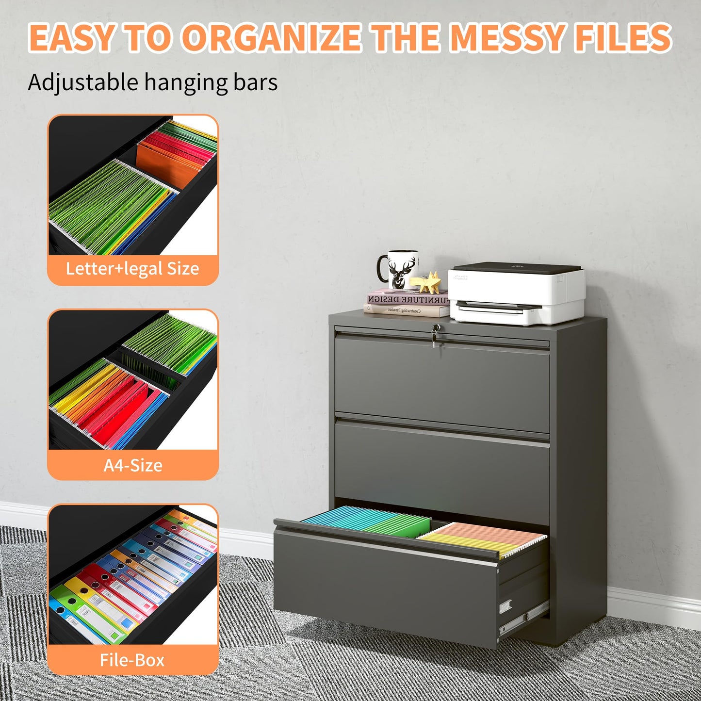 KEIKI 3 Drawer Lateral File Cabinet with Lock, 40.4" Heavy-Duty Metal Filing Cabinet, Wide Storage for Letter/Legal/A4/F4, Silent Full-Extension Slides, Anti-Tilt Safety for Home Office, Black