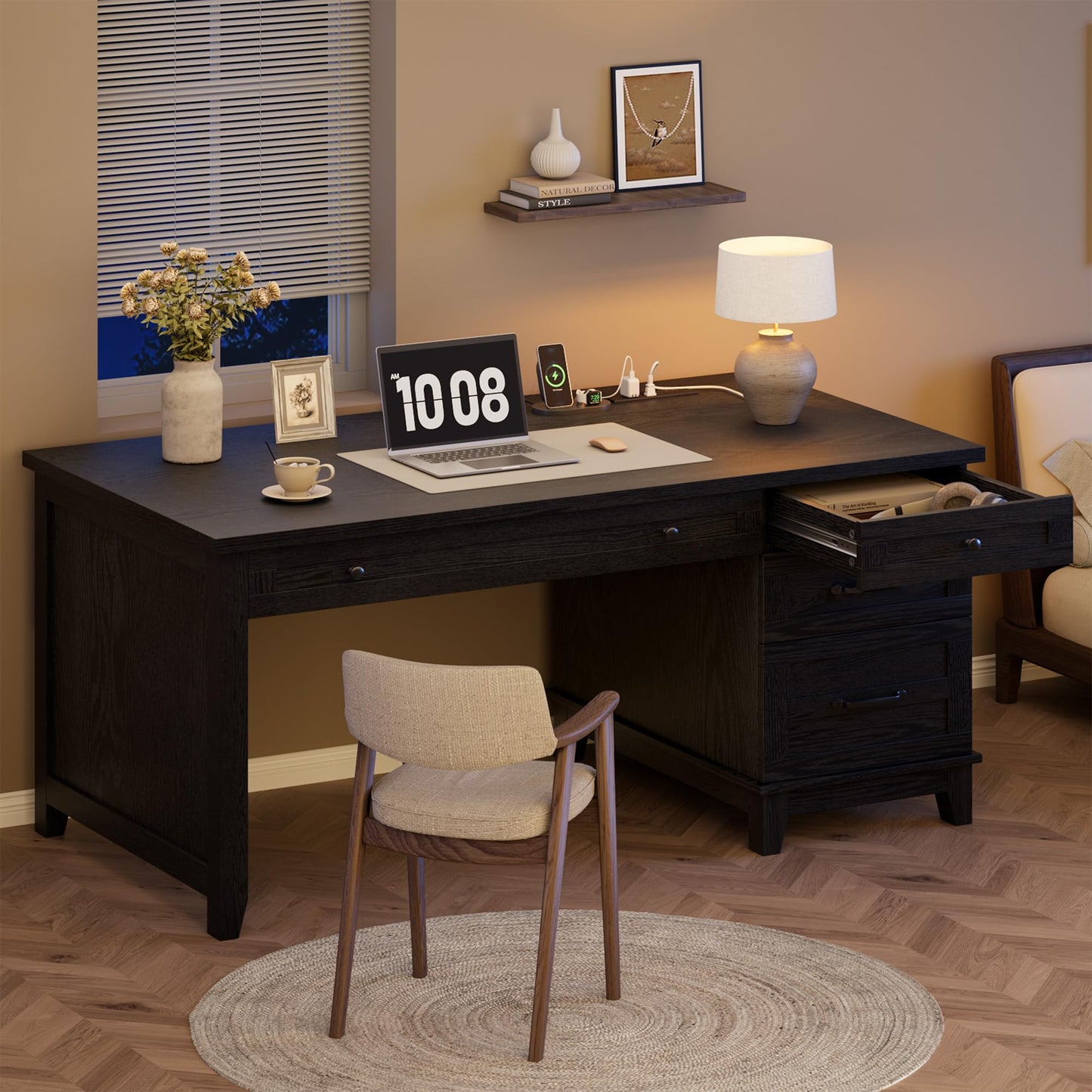 IDEALHOUSE 53.5" Farmhouse Computer Desk with Charging Station, Rustic Black Home Office Executive Desk, Wooden Workstation with File Cabinet Storage Drawers for Writing & Study, Rustic Black
