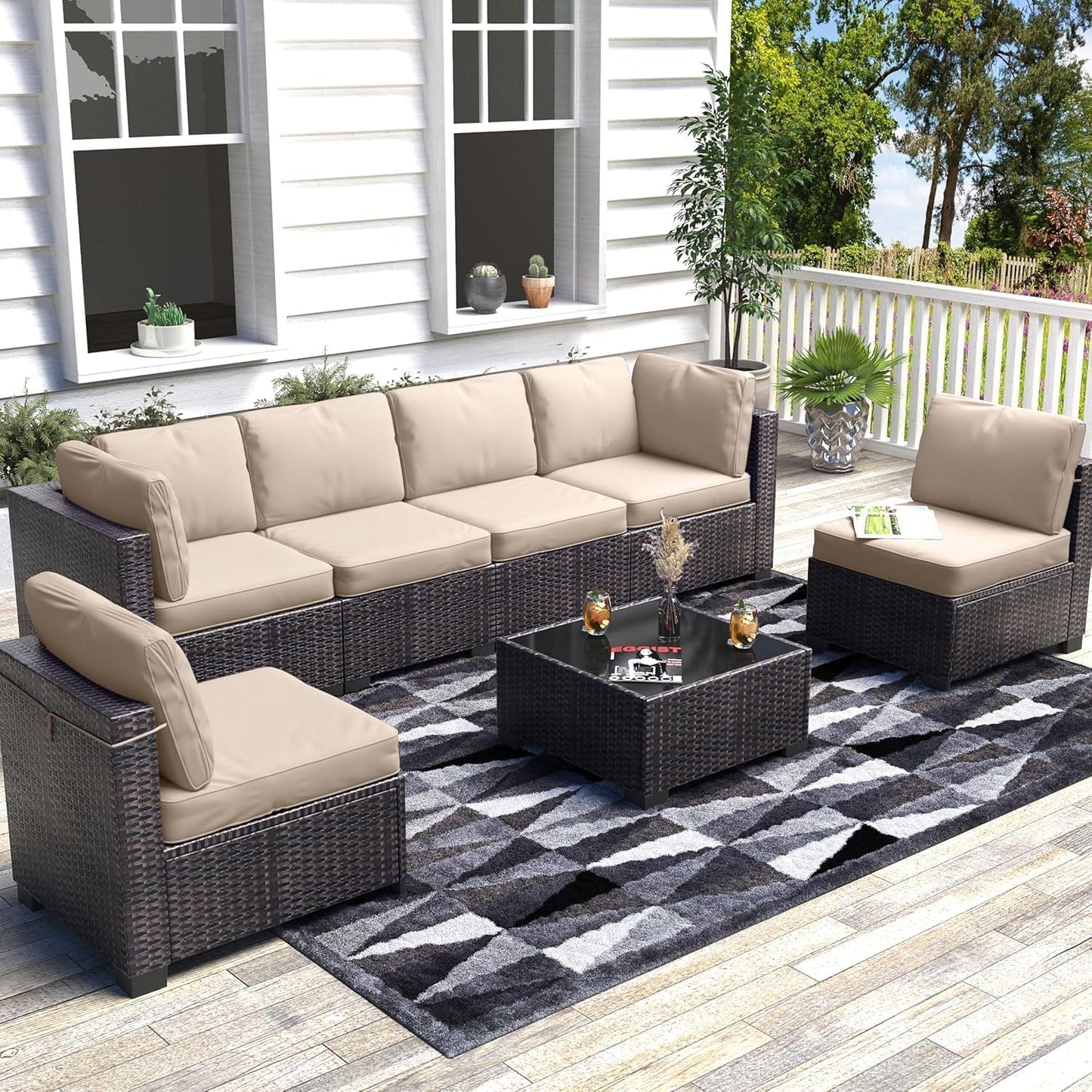 6 Piece Sectional Rattan Sofa with Glass Top Coffee Table, Patio Rattan Conversationr Sofa Set, All Weather Outdoor Patio Furniture Set and Chairs, Poolside, Garden, Porch
