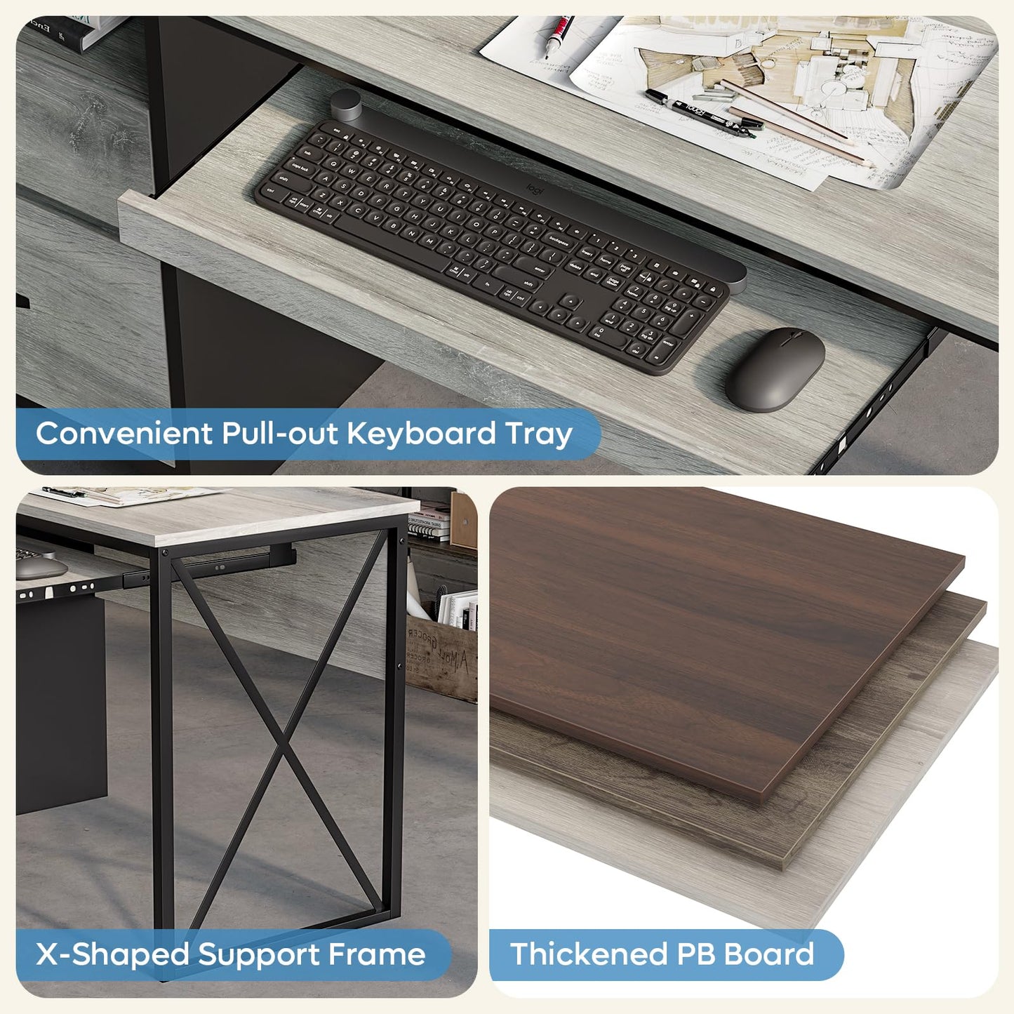 Bestier Office Desk with Drawers, 55 inch Industrial Computer Desk with Storage, Wood Teacher Desk with Keyboard Tray & File Drawer for Home Office, Light Gray Oak
