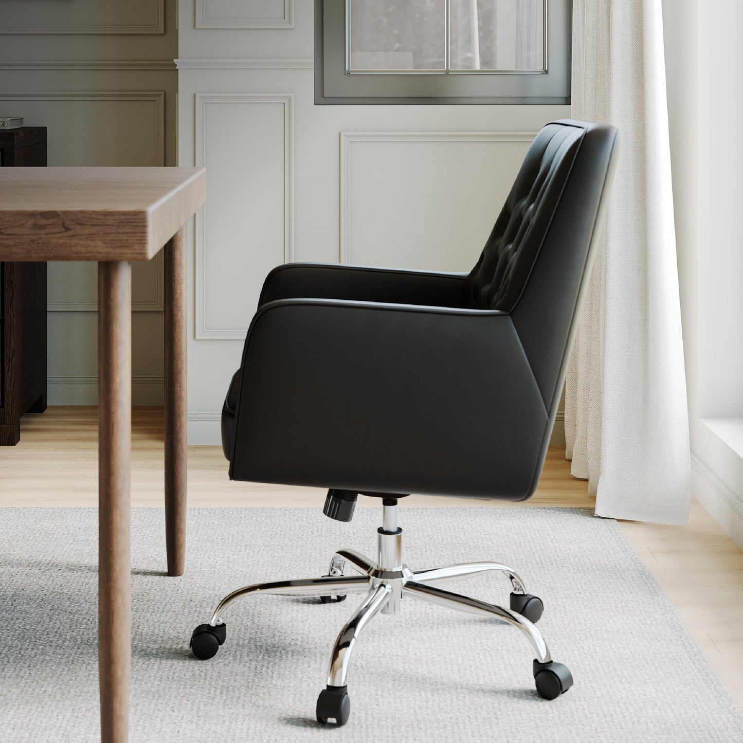 COLAMY Verso Home Desk Chair with Armrest, Leather Swivel Office Chair Adjustment Height with Wheels, Comfortable Padded Seat, Black