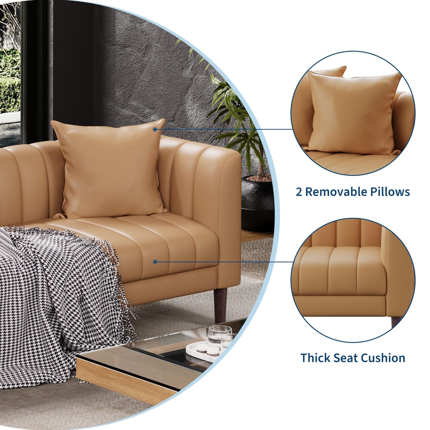 IDEALHOUSE 83" W Faux Leather Sofa Couch for Living Room, Modern 3 Seater Sofa Couch with Deep Seats, 2 Throw Pillows and Wood Legs, for Small Space, Bedroom, Apartment, Home Office, Brown