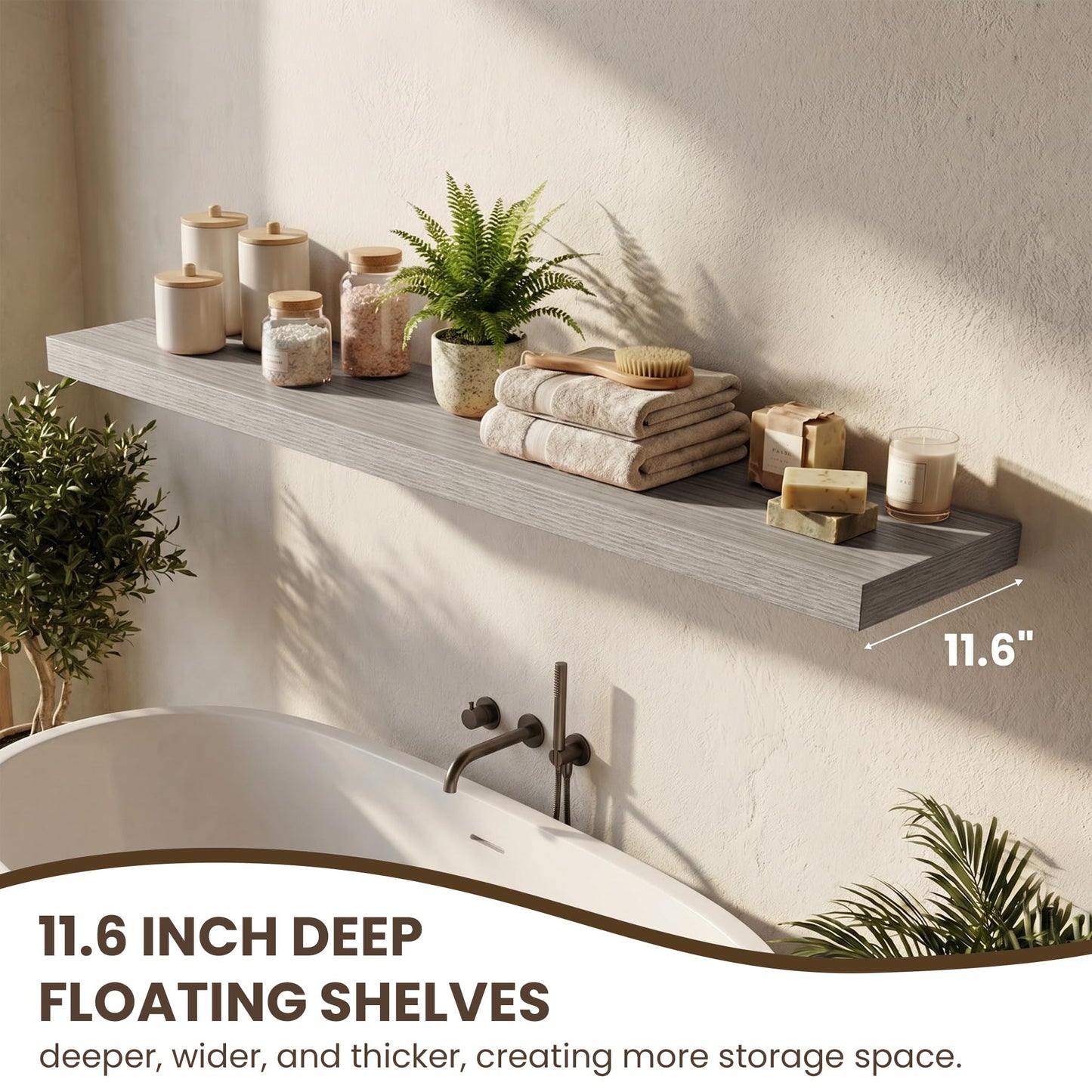 Acovy 72 Inch Long Floating Shelves for Wall Set of 2,12" Deep Wall Shelf,Large Floating Shelf with Invisible Brackets for Bedroom,Bathroom,Kitchen,Farmhouse Home Decor Display Bookshelf,Grey