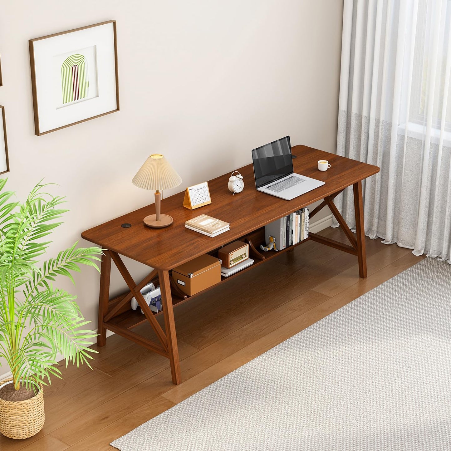 NELYE Extra Long Desk with Bookshelf - Wooden Home Office Work Study Table, 2-Person Writing Computer Workstation with Storage Shelf in Walnut, 63" Wx24 Dx30 H