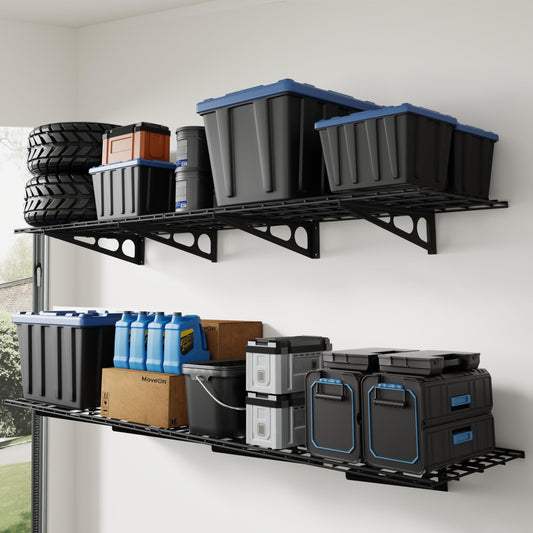 FLEXIMOUNTS 4-Pack 2x4ft 24-inch-by-48-inch Wall Shelf Garage Storage Rack Wall Mounted Floating Shelves, Total 1200lbs Capacity, Black, Classic Series