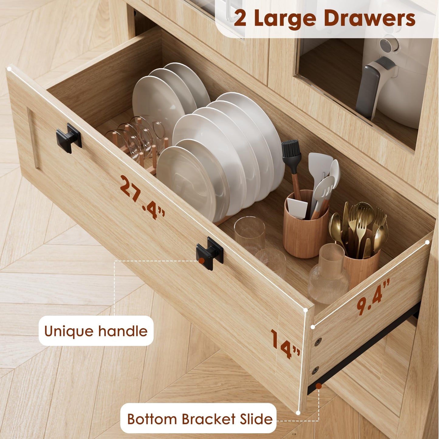 71" Tall Kitchen Pantry Cabinet - Modern Display Storage Cabinet with 2 Large Drawers, Glass Doors, and Adjustable Shelves, Farmhouse Kitchen Cupboard for Dining Room, Bathroom, Living Room, Natural