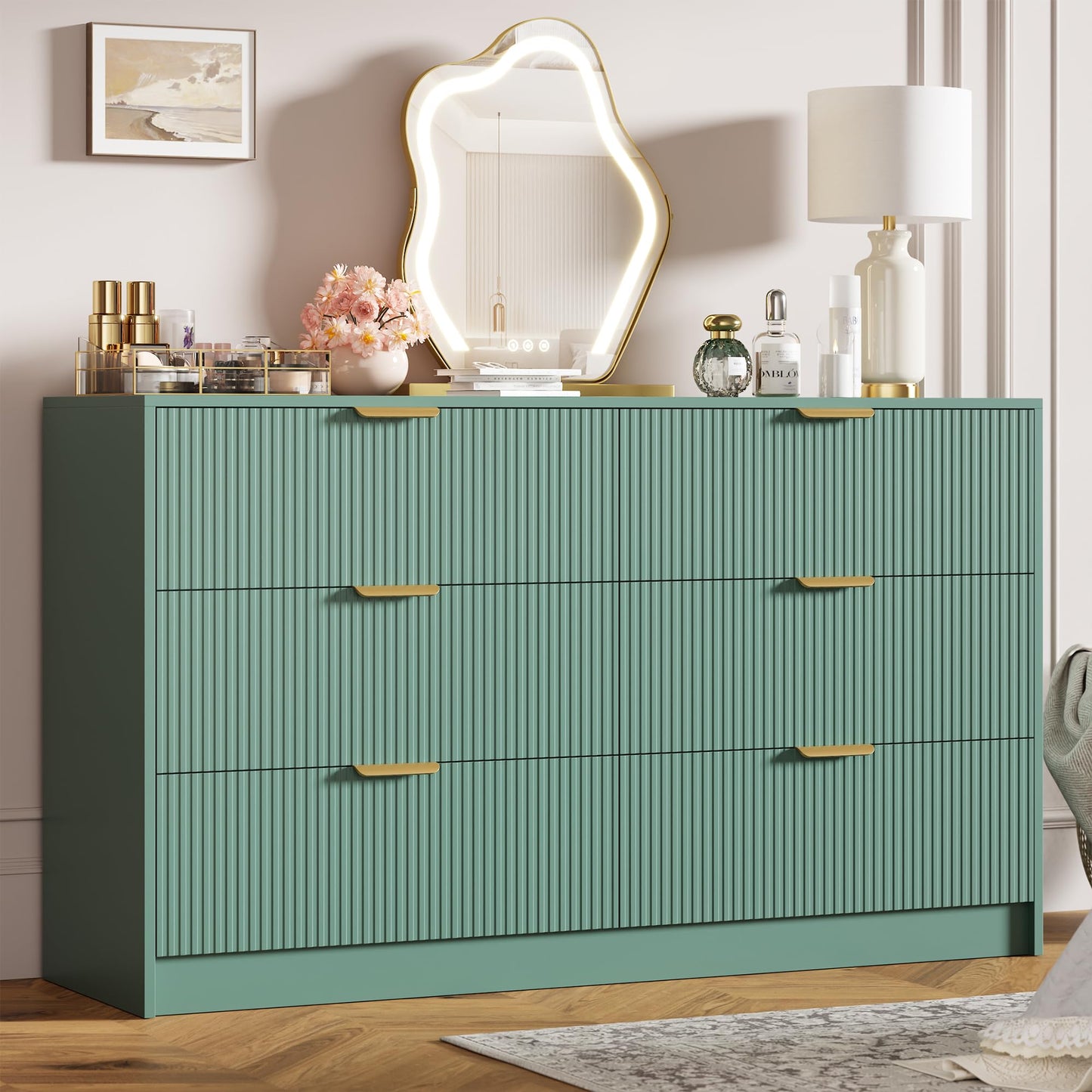 Garvee 6 Drawers Dresser for Bedroom - 54" Wide Modern Fluted Double Chest of Drawers with Golden Metal Handles, Large TV Stand Multi-Function Home Organizer for Living Room, Entryway, Hallway, Green