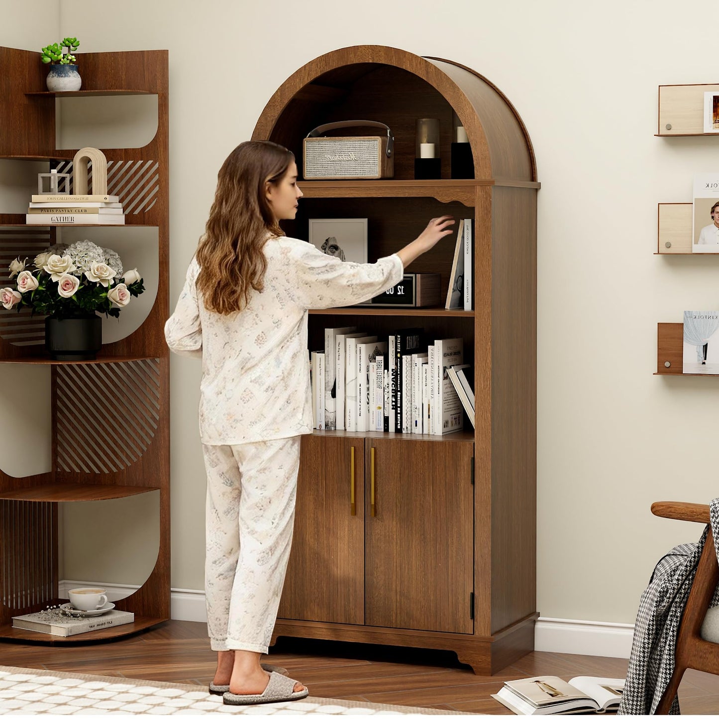 Trygoal 71'' Tall Arched Cabinet with Fluted Doors, Kitchen Pantry Farmhouse Cabinet with Open Display Shelves, Mid Century Modern Arched Bookcase for Living Room Dining Room Office Entryway, Walnut