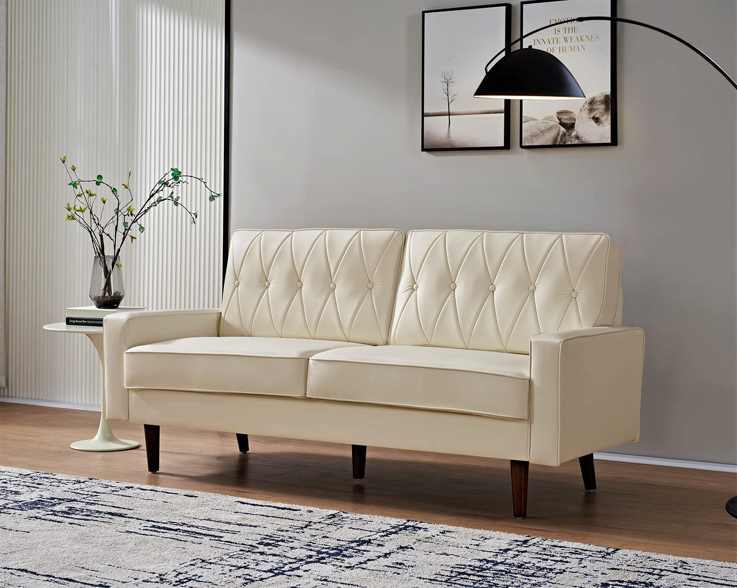 Container Furniture Modern Style Faux Leather Sofa with Elegant Round Tapered Legs and Button Tufted Backrest Perfect for Living Room, Bedroom or Home Office, 69.3’’ Wide, White