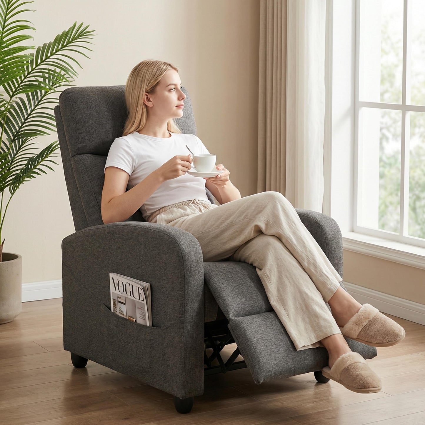 HealSmart Adjustable Push Back Massage Recliner Chair, Soft Fabric Lounge Sofa for Reading & Relaxing, Perfect Home Theater Chair for Living Room & Bedroom, Grey