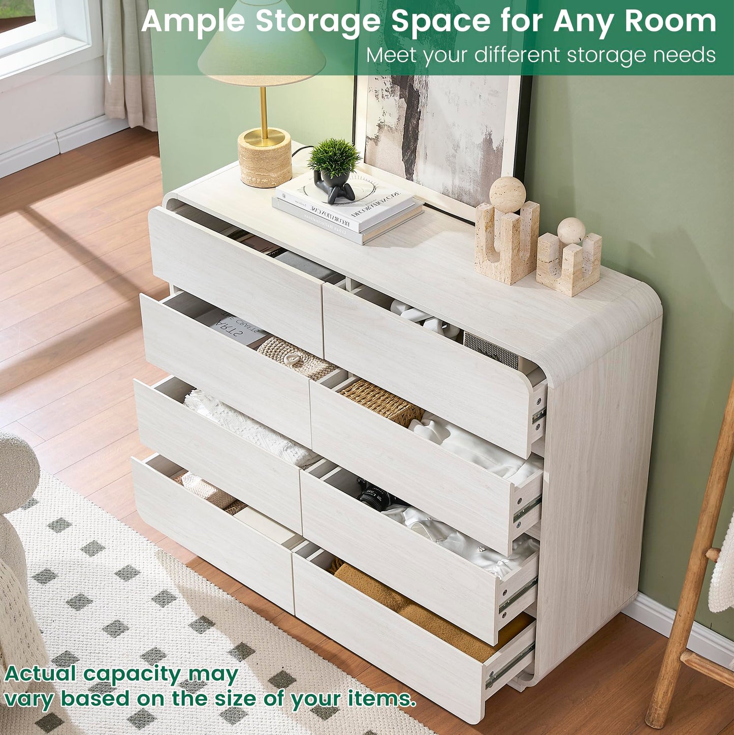 Standifurno 47’’ Wide Dresser with 8 Drawers, White Chest of Drawers with Deep Drawers & Handleless, Wooden Storage Organizer for Bedroom, Living Room, Hallway
