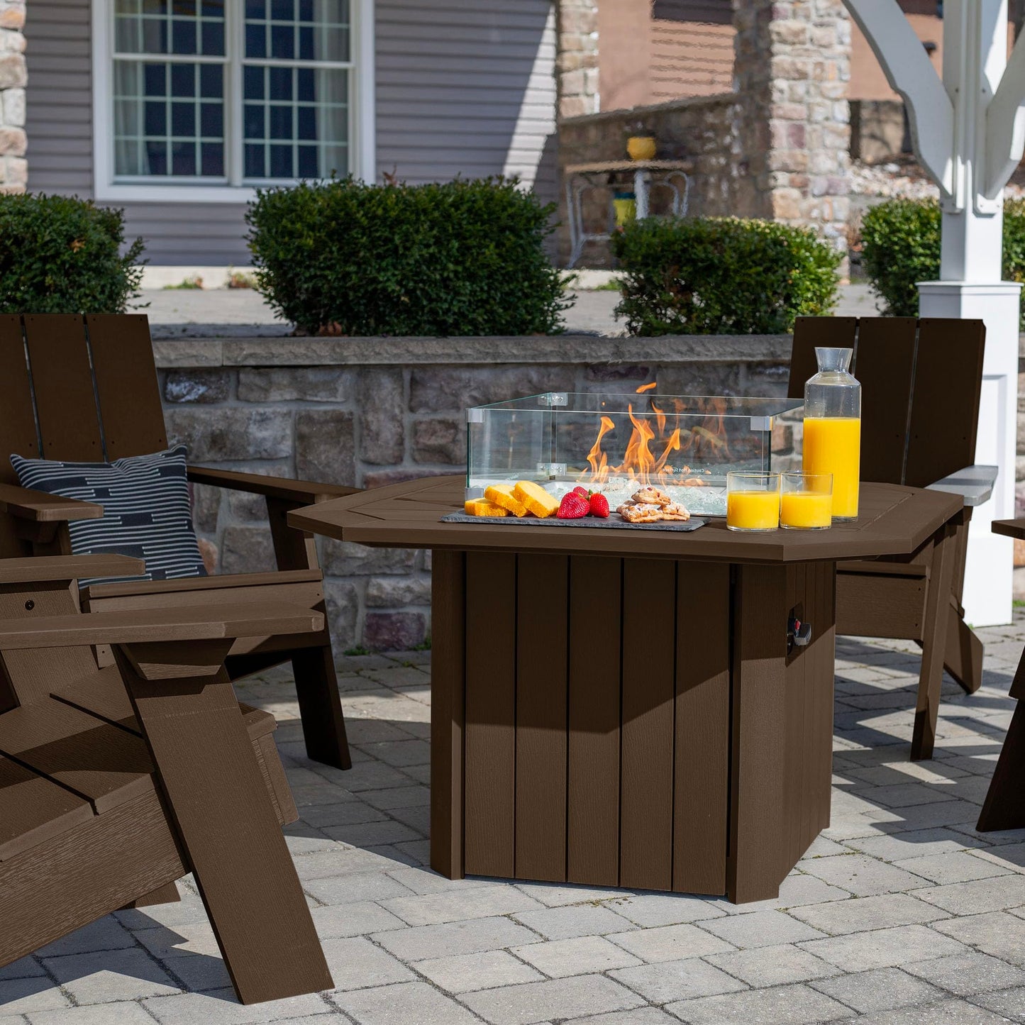 Oasis 5-Piece Conversation Set with Fire Pit Table, 4 Italica Modern Adirondack Chairs and 40” Fire Pit Table with Glass Wind Guard and Rain Cover, Weathered Acorn