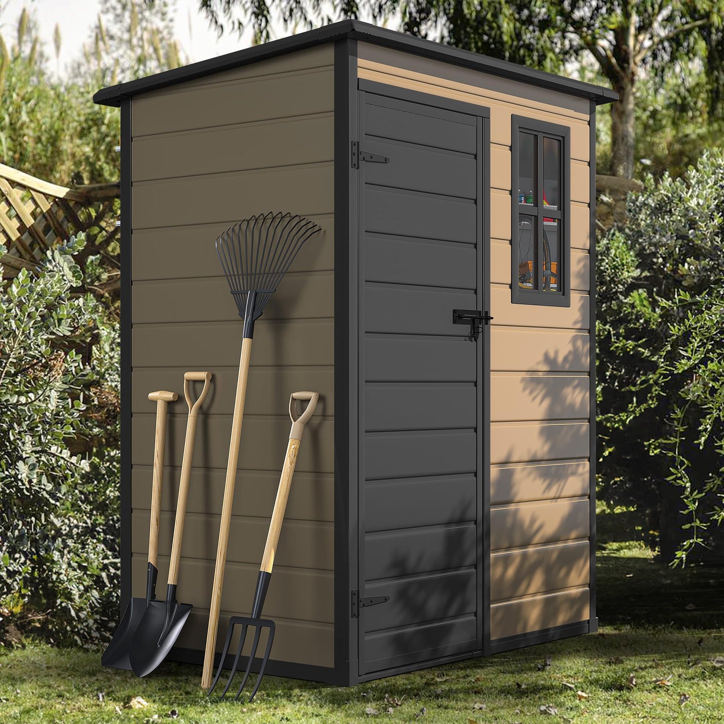 DWVO 5x3ft Resin Outdoor Storage Shed with Floor, Waterproof Lockable Storage Shed with Window, Plastic Outside Tool Storage for Garden, Backyard, Patio, Lawn, Brown