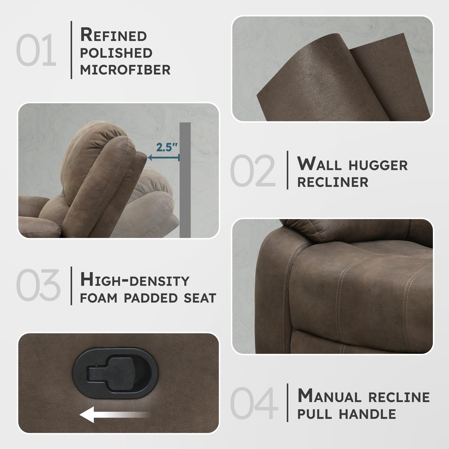 Lexicon Manual Recliner Sofa Chair, Home Theater Seating, Wall Hugger Manual Reclining Nursery Chair for Bedroom/Living Room/Office/Apartment, Brown Polished Microfiber