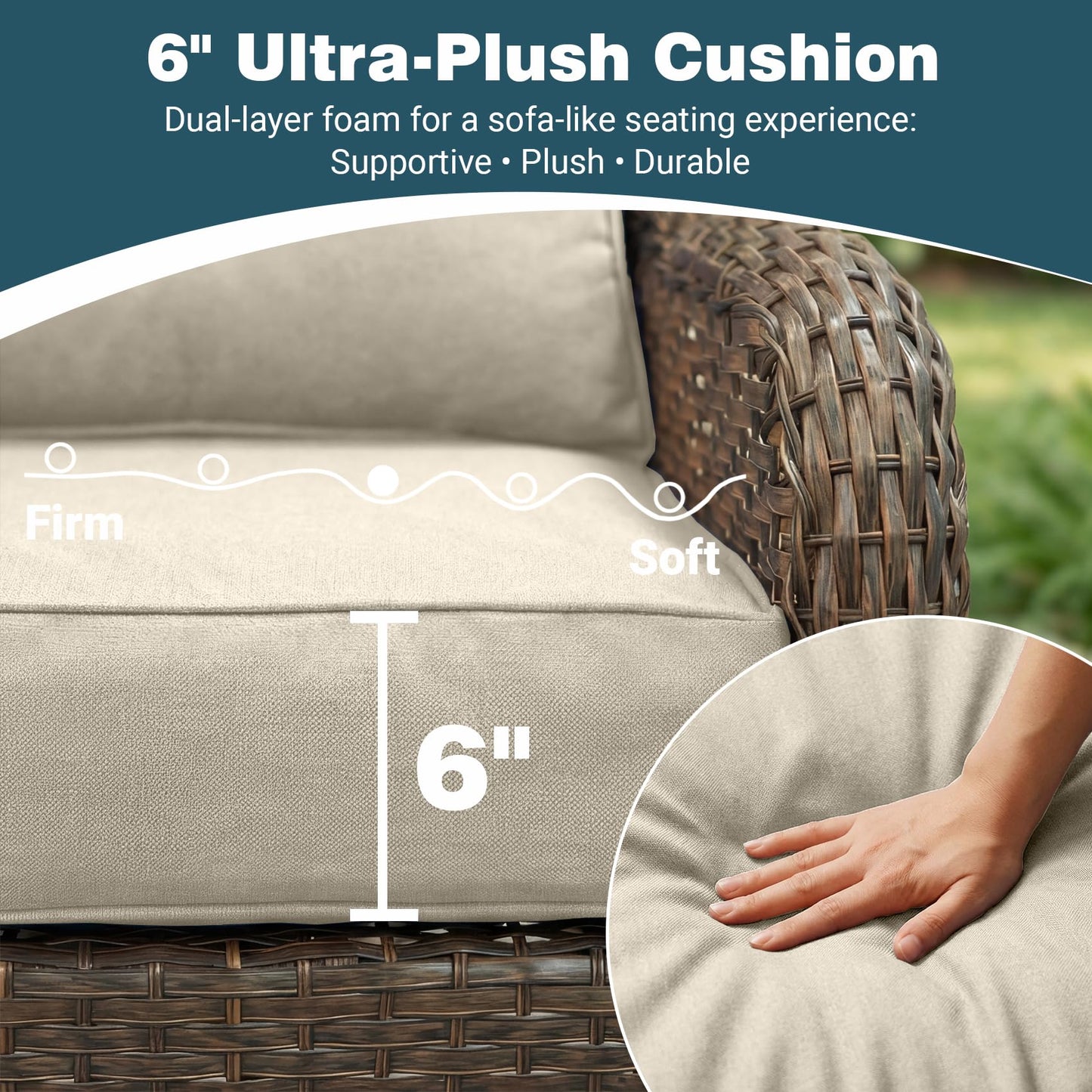 ADRERIC Luxury Patio Conversation Set, 3-Piece Ergonomic High Back Wicker Swivel Chair Set with 6-Inch Deep Seating Cushions, Large Patio Furniture Set for Garden, Deck & Balcony, Beige