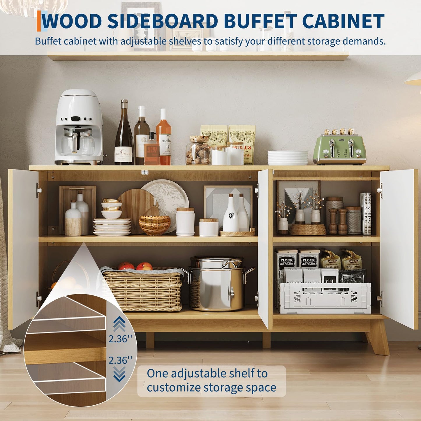Garvee 58" Modern Farmhouse Buffet Cabinet with Curved Doors & Adjustable Shelves - Wood Storage Sideboard for Dining Room, Coffee Bar Console, Living Room