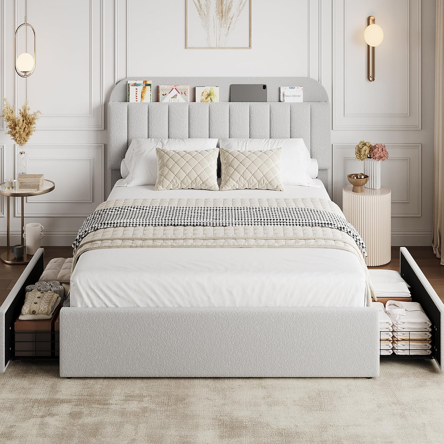Jojoka Queen Bed Frame with Storage Headboard and 2 Drawers, Boucle Upholstered Platform Bed, Modern Girls Bed Frames for Rooms, No Box Spring Needed, Easy Assembly, Grey