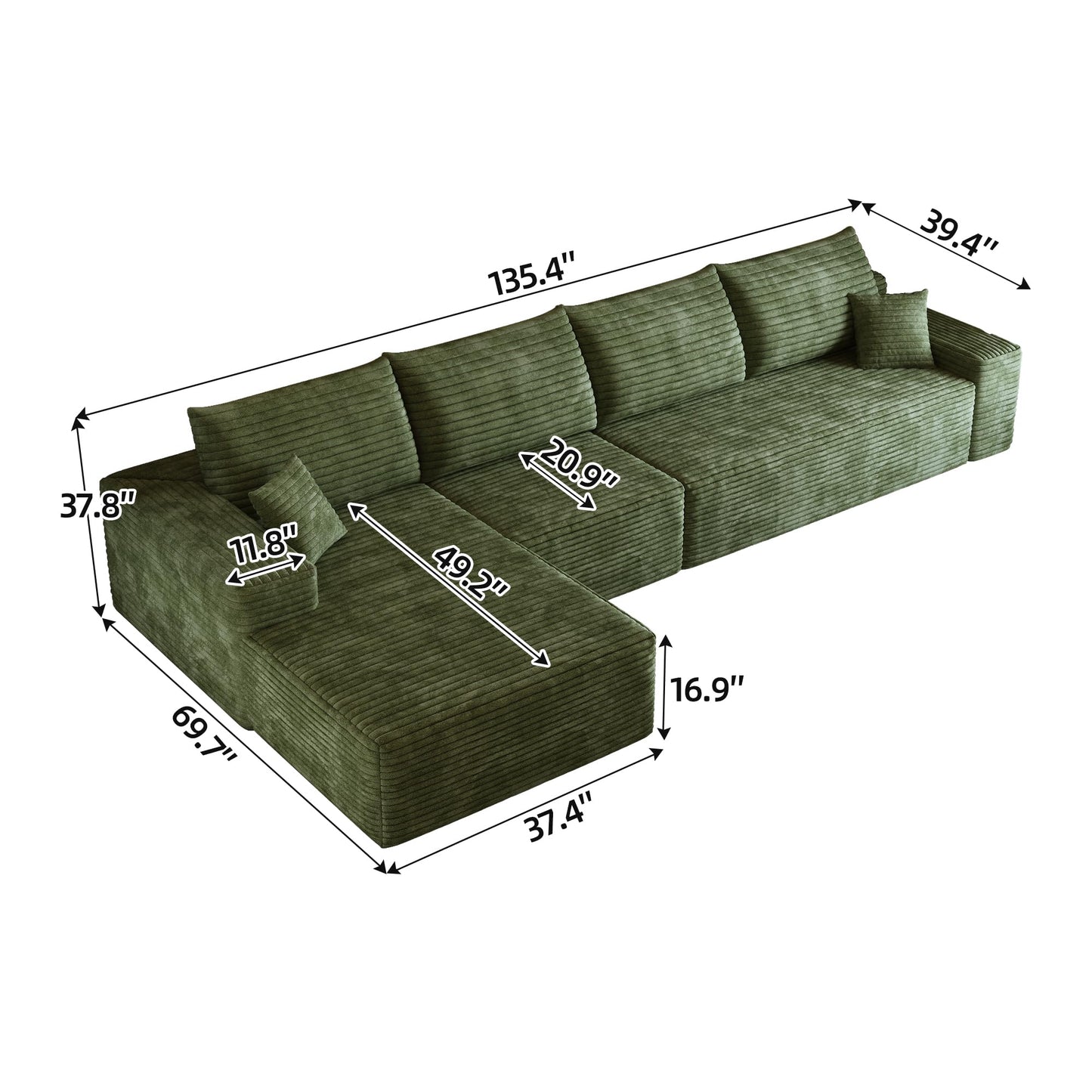 135" Oversized Compressed Sectional Sofa - 33D High-Density Foam Cloud Couch with Deep Seat - Minimalist 3-Piece Corduroy Upholstered Boneless Modular Lounge Couch