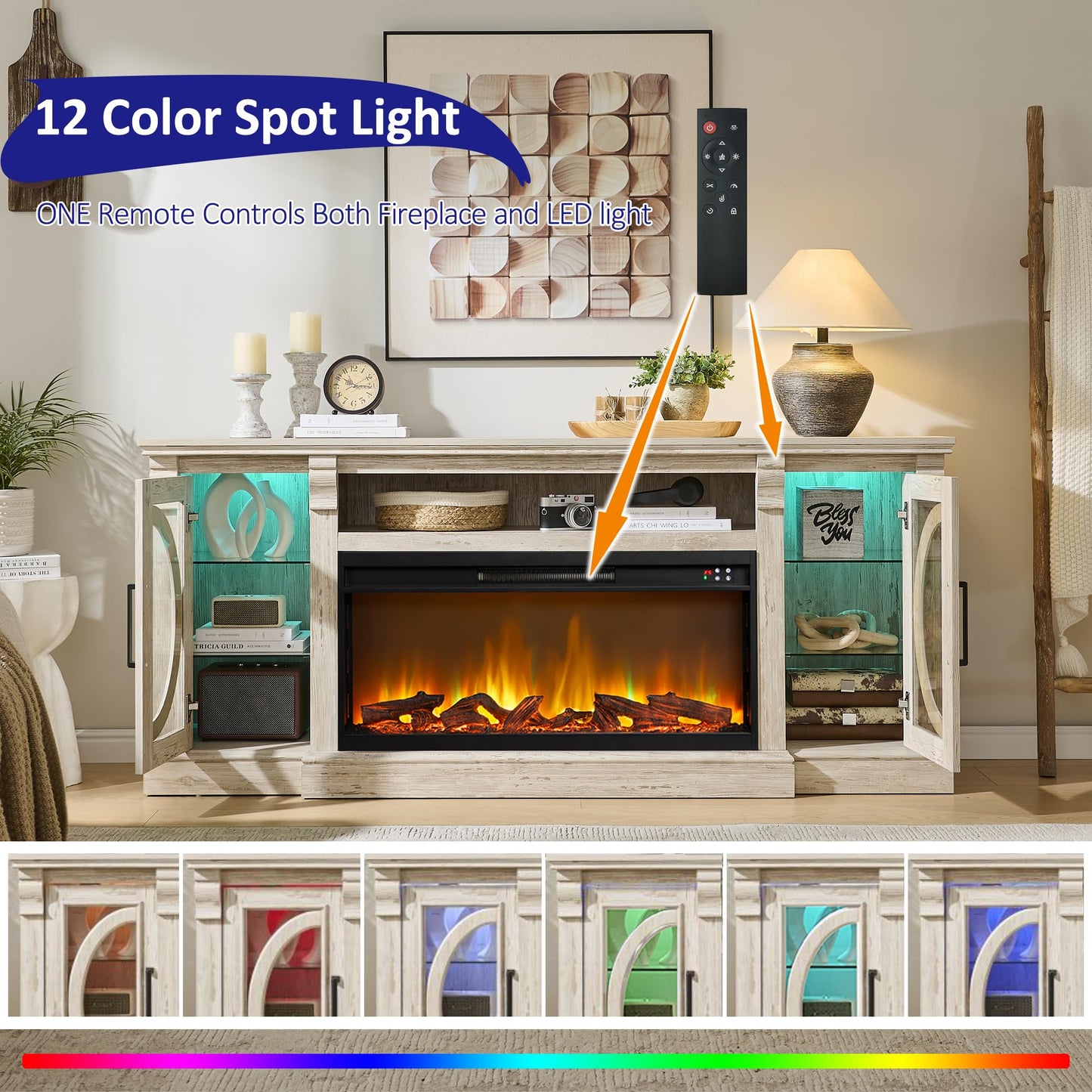 Unineo Crescent TV Stand with Fireplace for up to 80 Inch TV, LED Entertainment Center with 36 Inch Electric Fireplace, Farmhouse TV Console Table w/Glass Door for Living Room, Brushed White