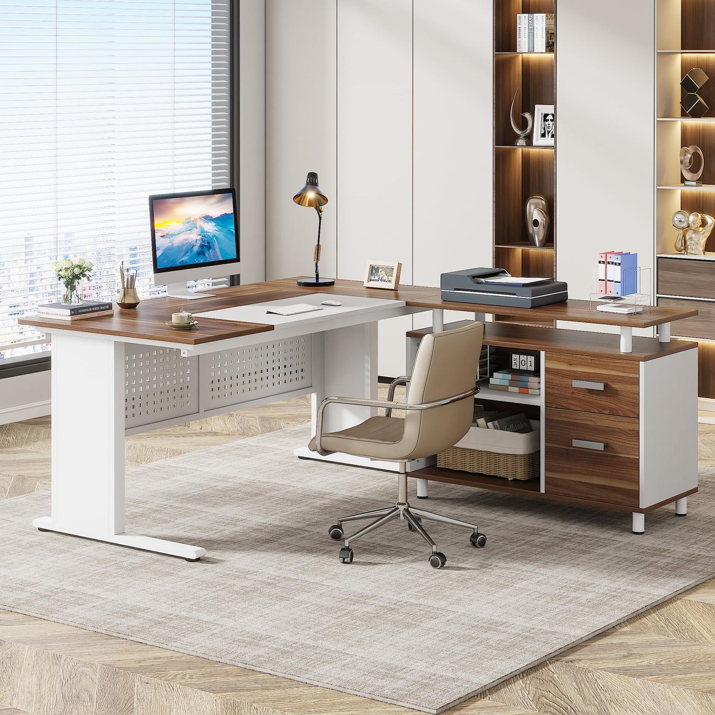 Tribesigns 63 Inch Executive Desk with File Cabinet, L Shaped Office Desk with Drawers and Storage Shelves, Business Furniture Set Workstation for Home Office, White and Walnut