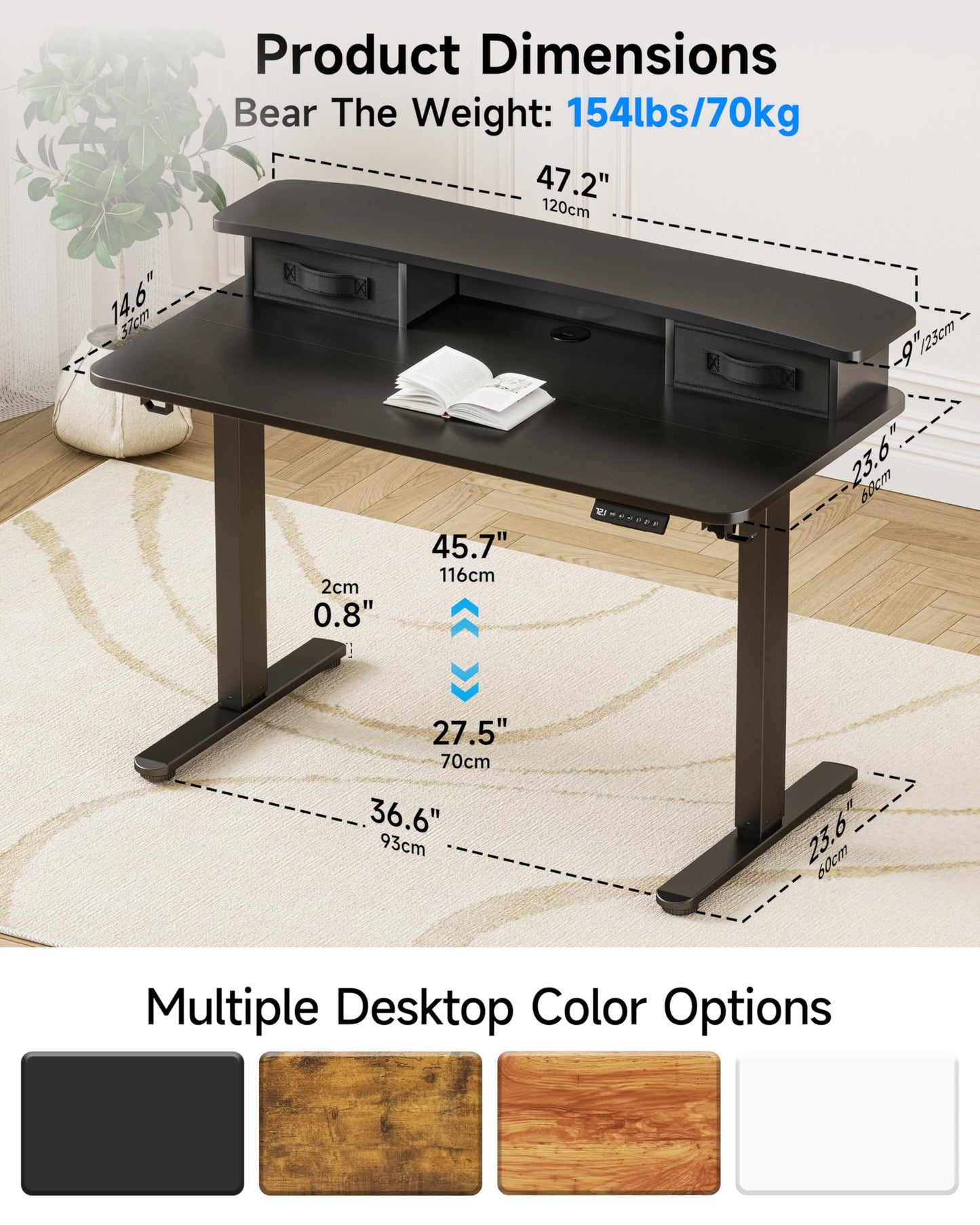 BIZUM Standing Desk with 2 Drawers Computer Desk-Stand up Desk Home Office Gaming Memory Desks C-Clamp Mount Compatible, 48x24 Inch Black