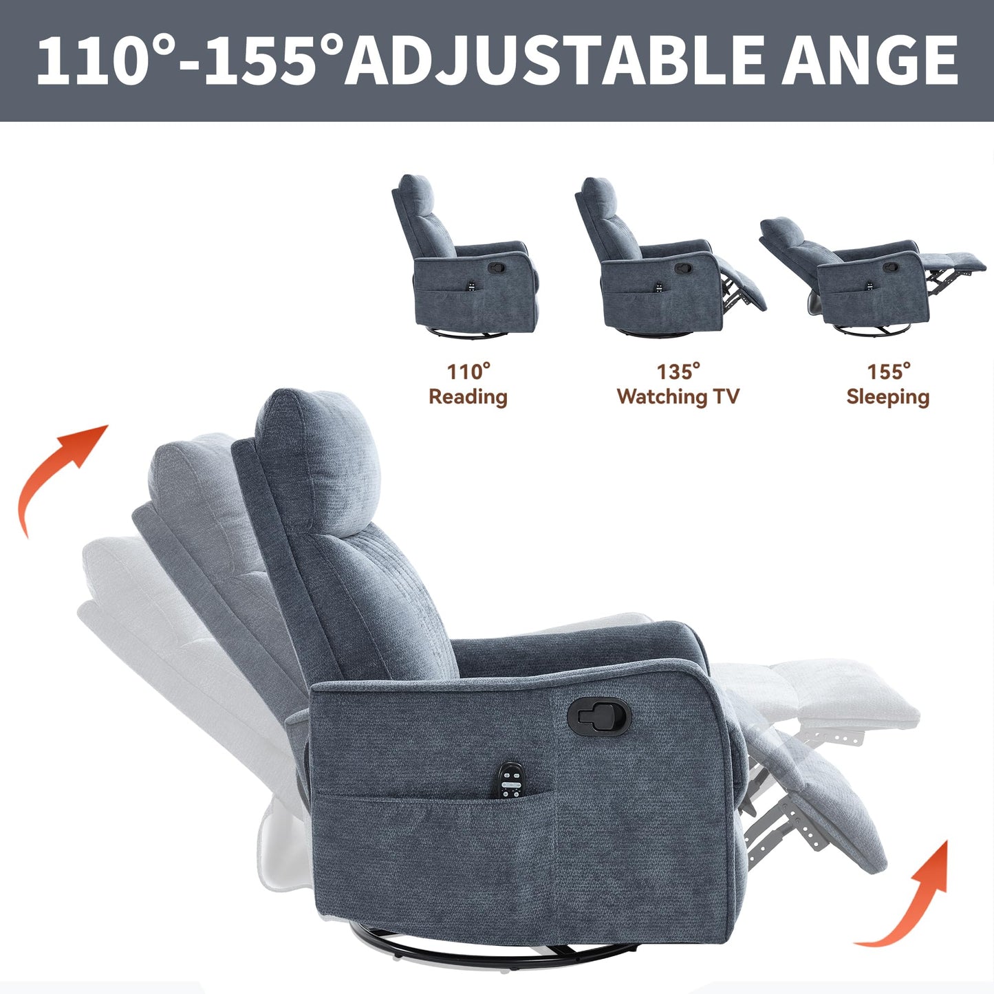 KEIKI 4-in-1 Manual Swivel Rocker Recliner Chair for Living Room, Chenille Nursery Glider Rocking Chairs with Back Massager & Heat, Ideal for Daily Nap in Living Room Quiet Corner, Blue