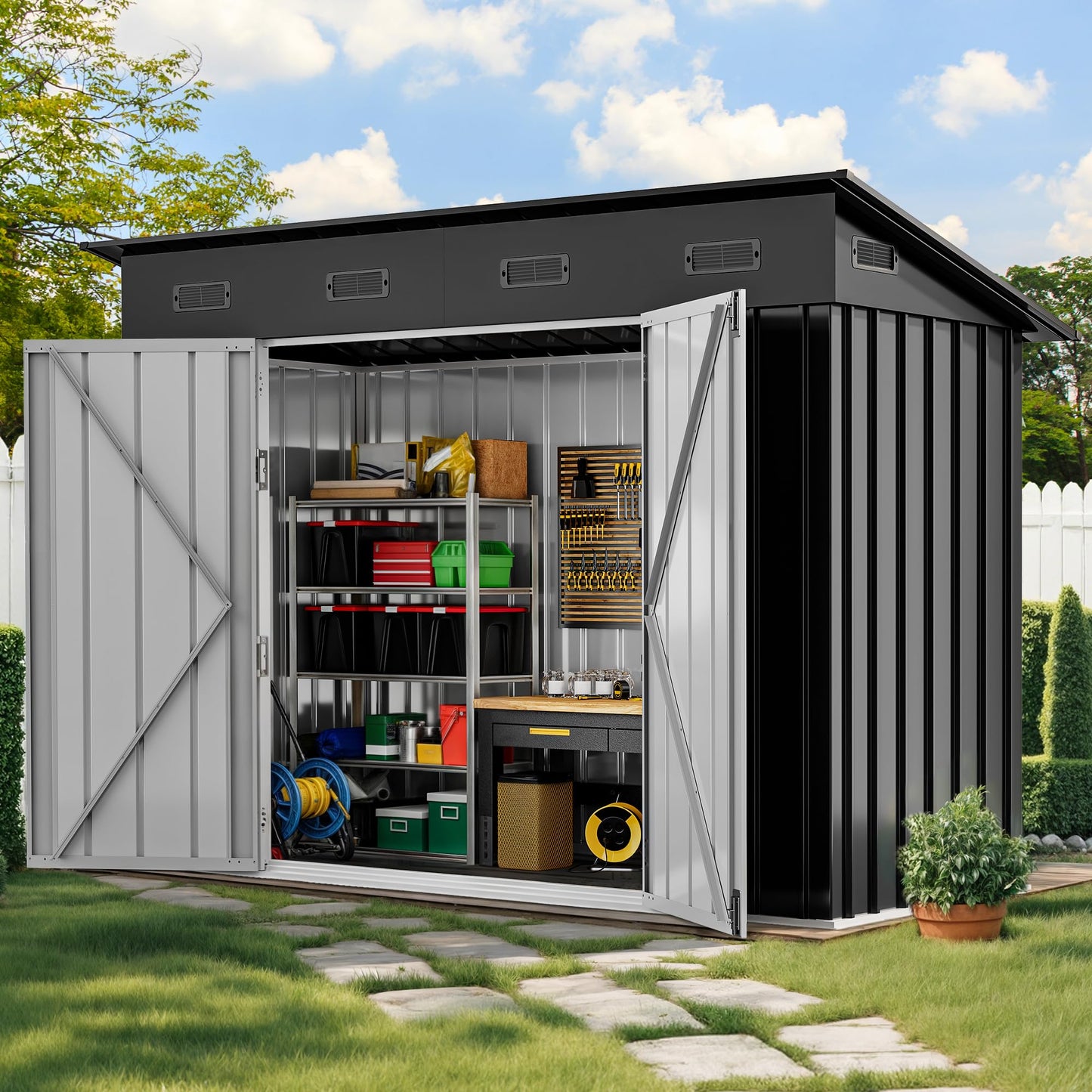 DWVO 9' x 4' Outdoor Storage Shed, Lockable Double Doors, Sloped Roof, Heavy-Duty Steel Shed for Garden & Patio, Large Backyard Tool Organizer, Dark Gray