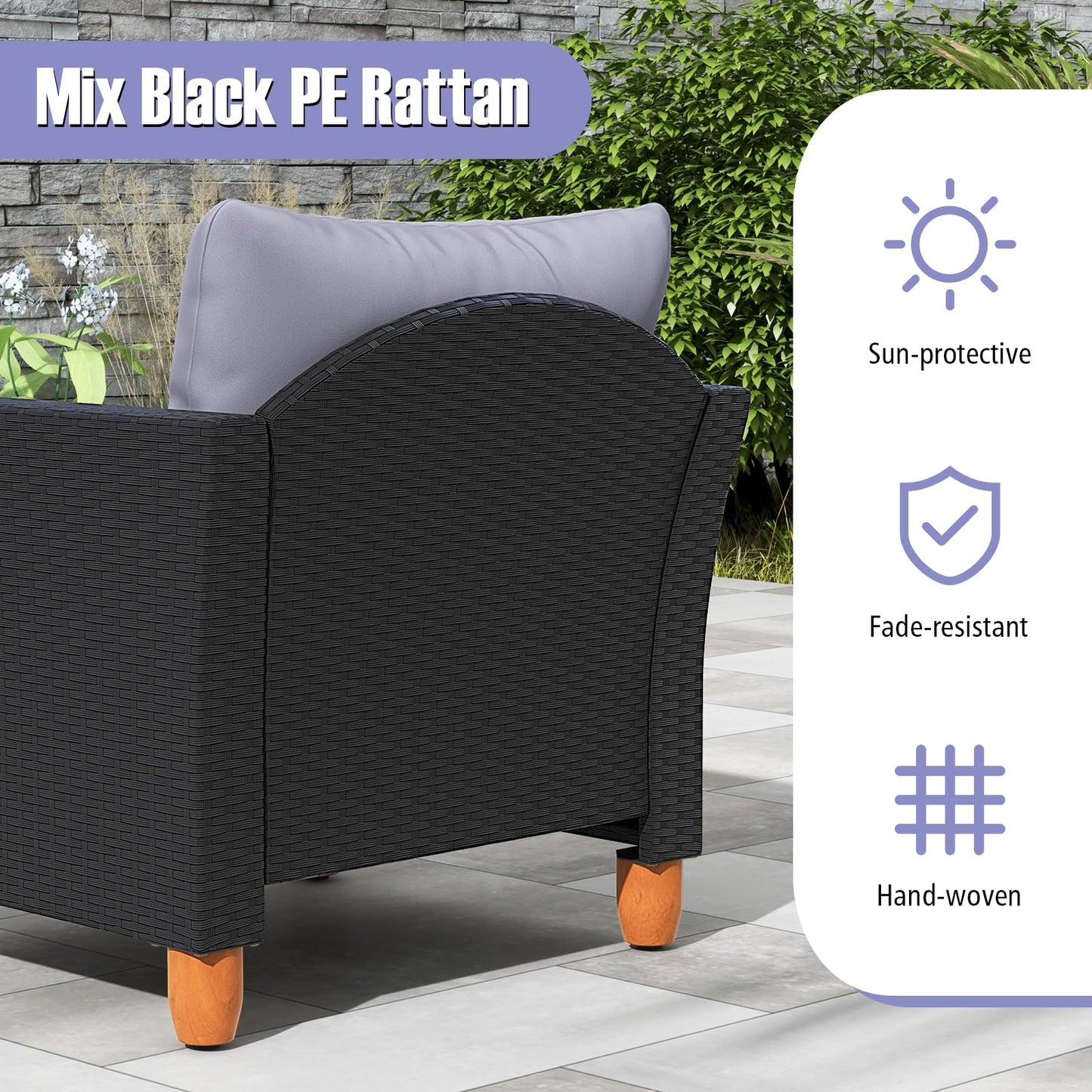 Tangkula 3 Pieces Patio Porch Furniture Set, PE Rattan Wicker Chair Conversation Set with Cushions and Storage Table, Outdoor Acacia Wood Bistro Set for Garden, Poolside (Grey)