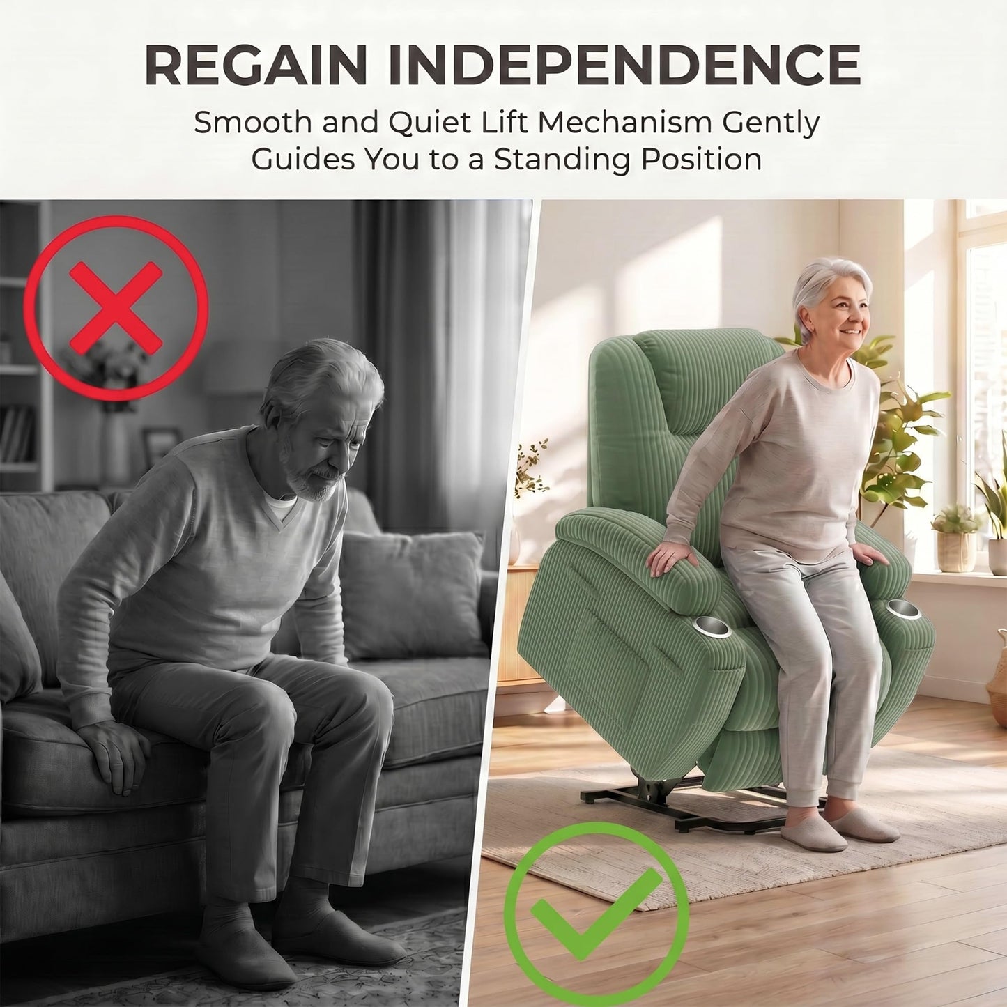 Flamaker Power Lift Chair Massage Recliner Chairs for Elderly, Corduroy Ergonomic Design with Cup Holders & Side Pockets, Remote Control (Green)