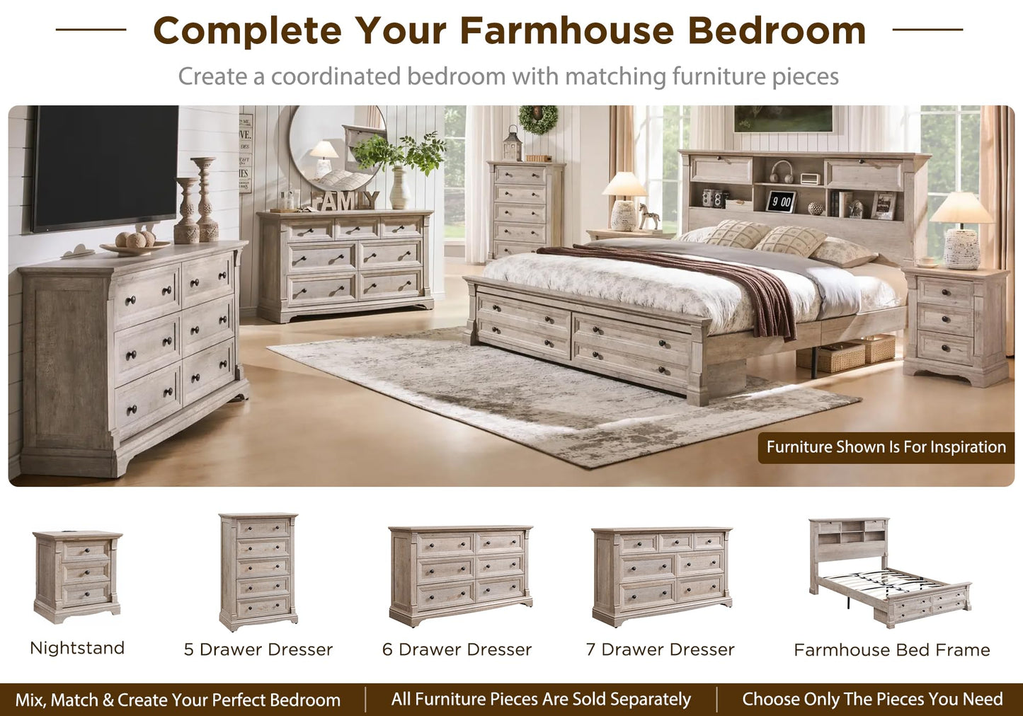 T4TREAM Farmhouse 24" Wide Nightstand with Charging Station, 26" Tall End Table with 3 Drawers Storage, Wood Side Table w/Roman Column, Bedside Cabinet for Bedroom, Living Room, Light Rustic Oak